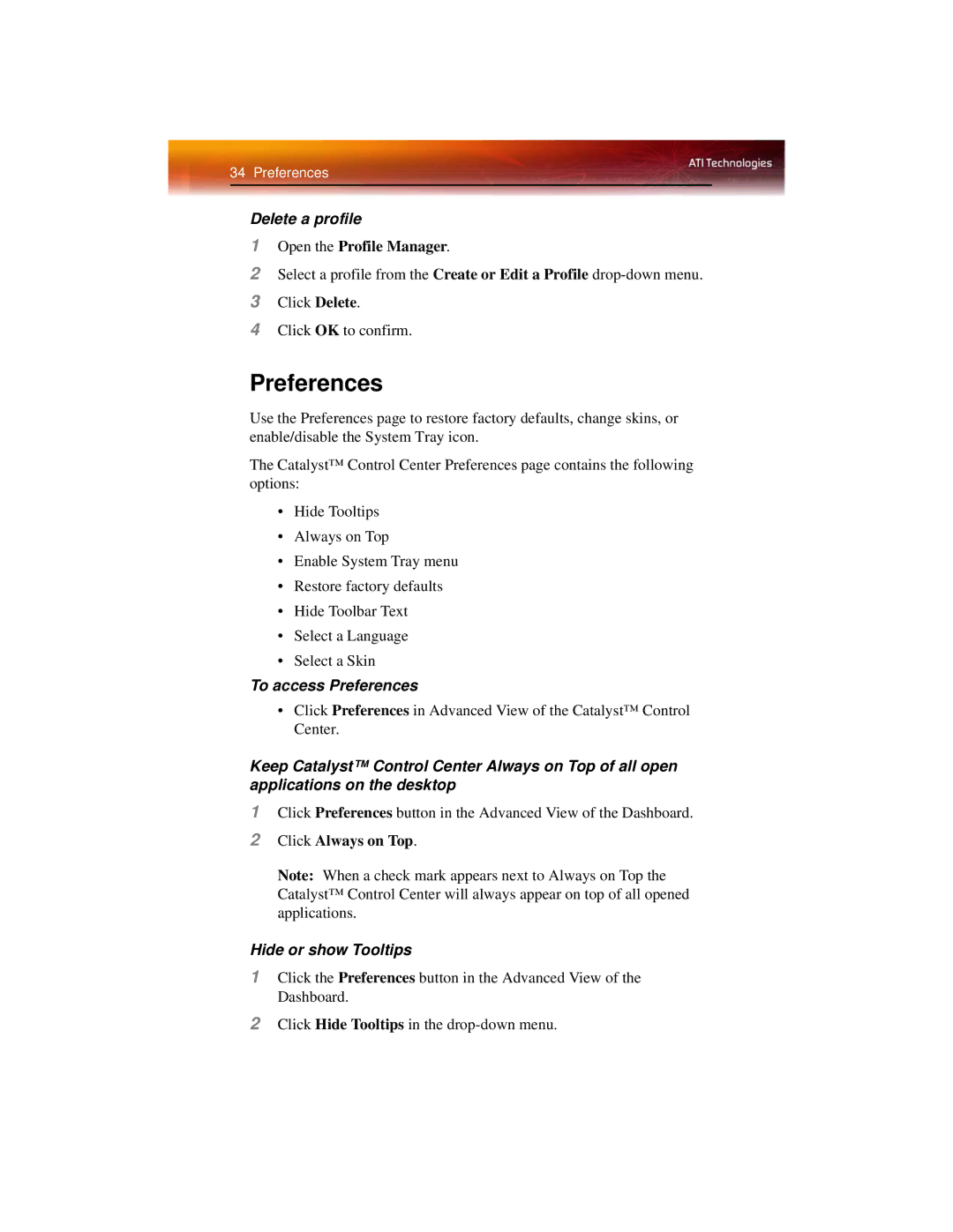 ATI Technologies X1600 manual Delete a profile, To access Preferences, Hide or show Tooltips 