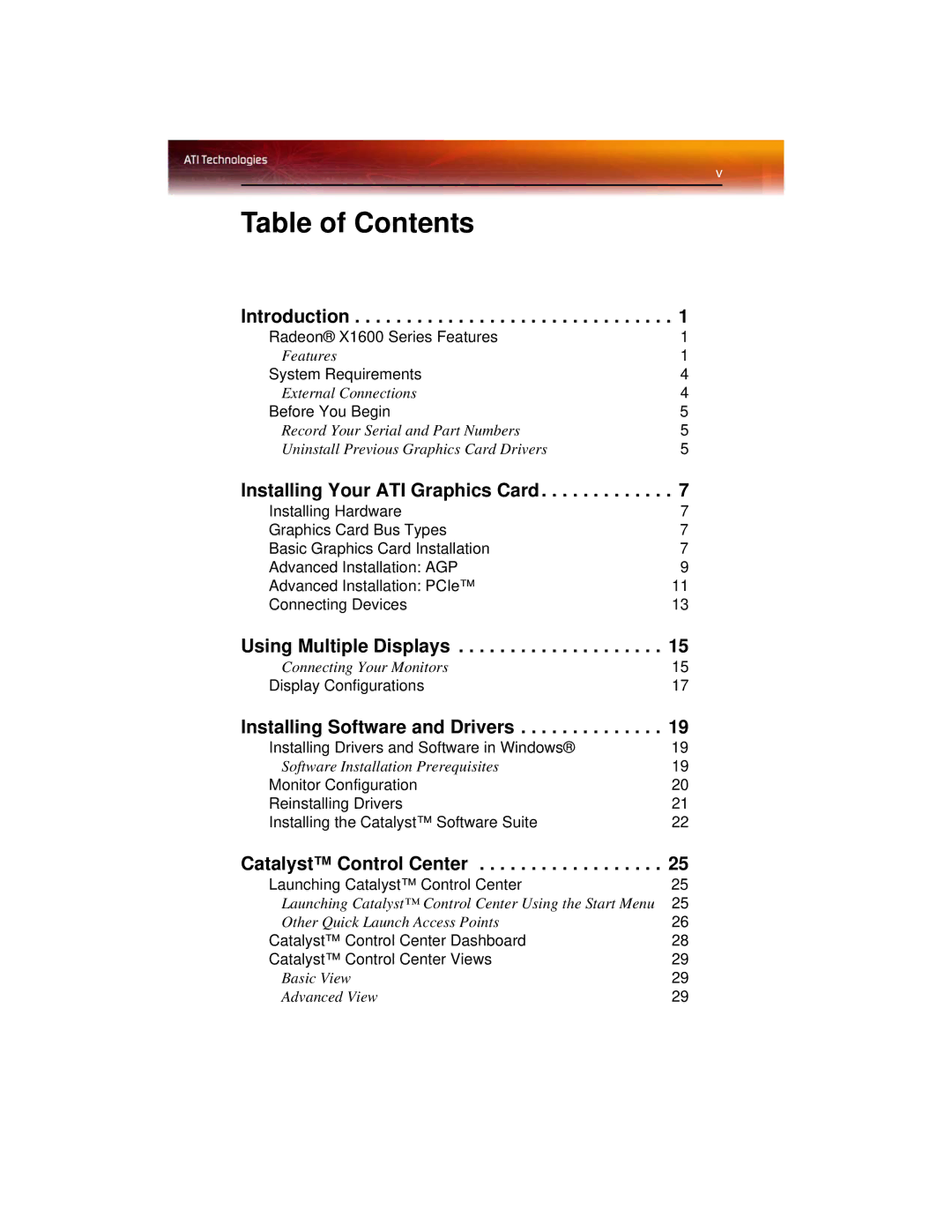 ATI Technologies X1600 manual Table of Contents 