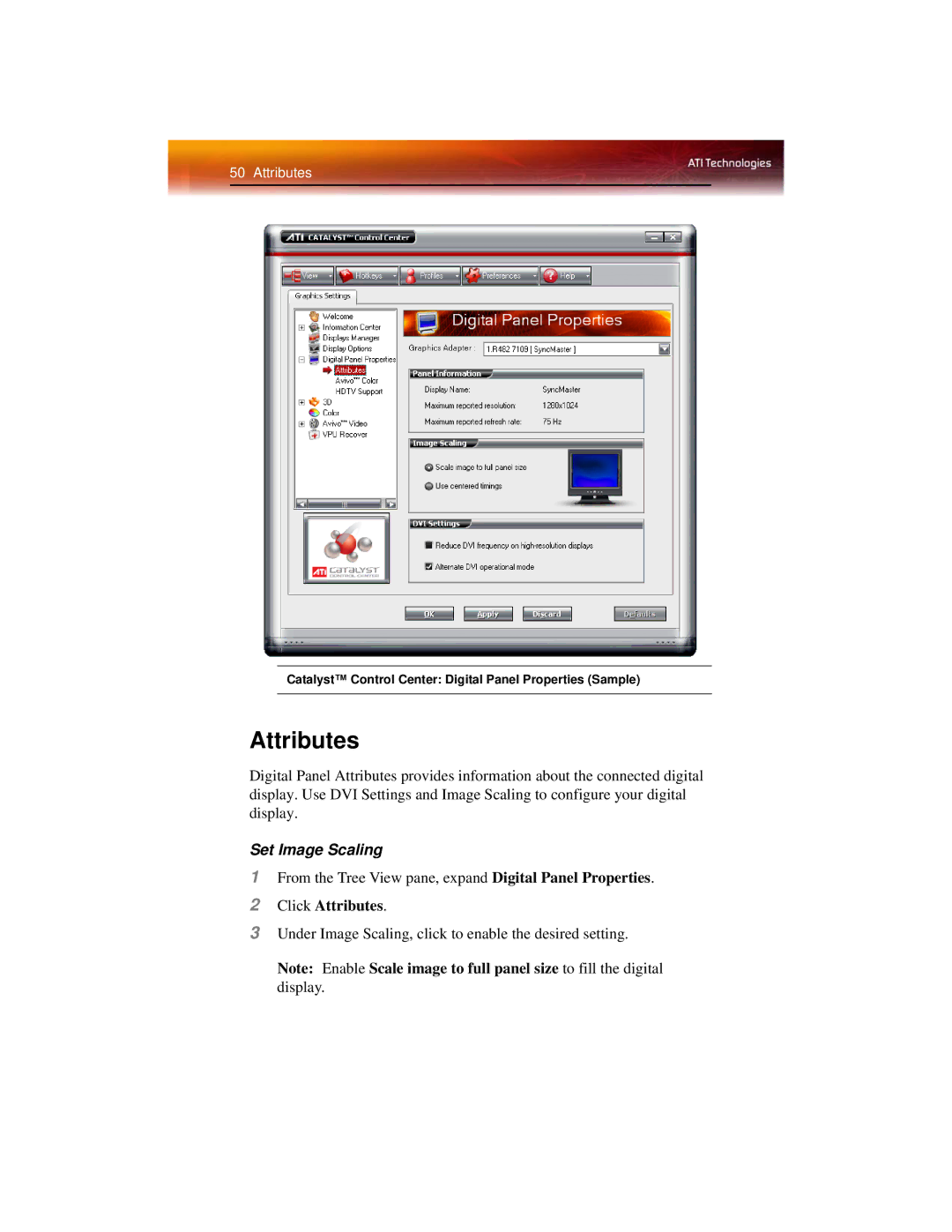 ATI Technologies X1600 manual Set Image Scaling, Click Attributes 