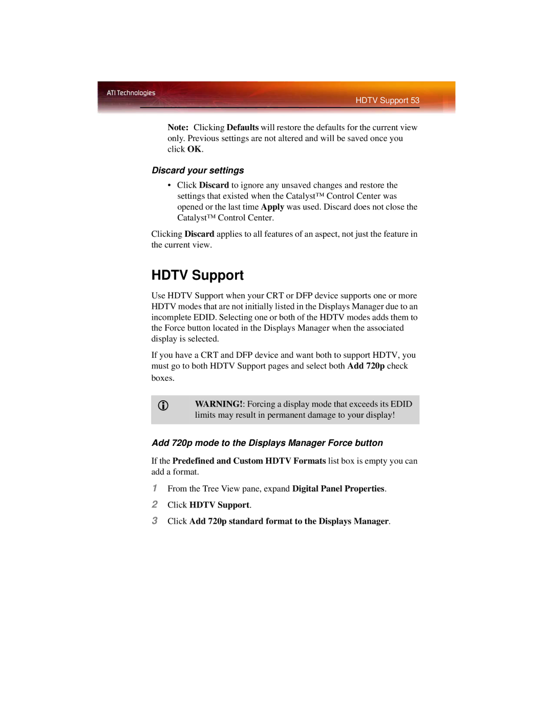 ATI Technologies X1600 manual Hdtv Support, Add 720p mode to the Displays Manager Force button 