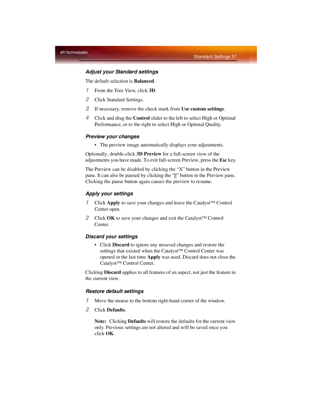 ATI Technologies X1600 manual Adjust your Standard settings, Preview your changes 