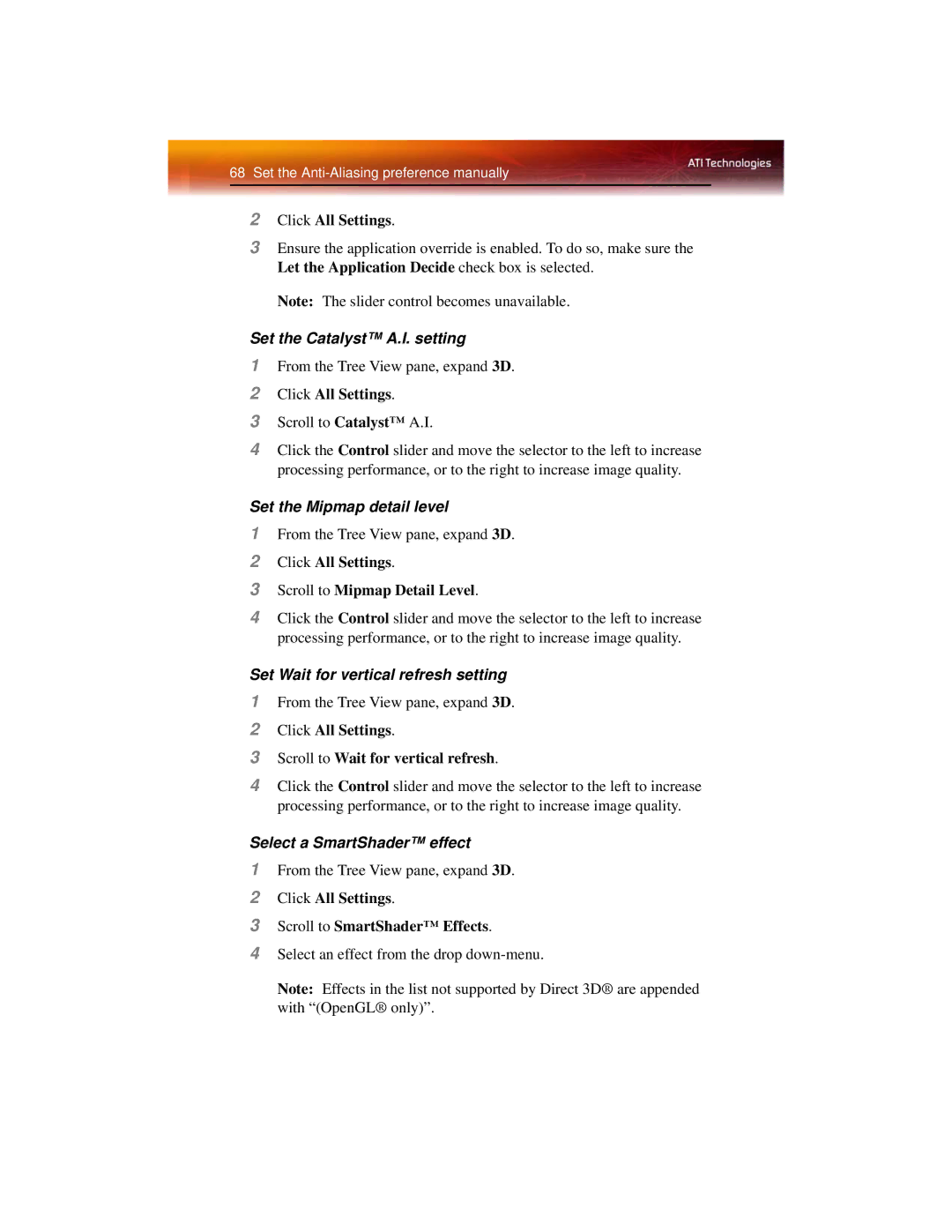 ATI Technologies X1600 manual Set the Catalyst A.I. setting, Click All Settings Scroll to Mipmap Detail Level 