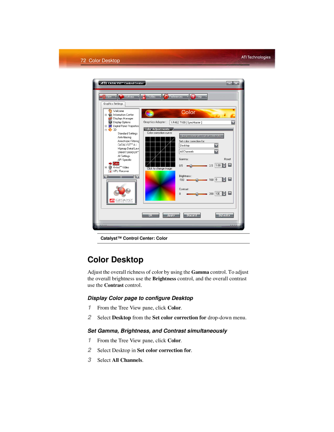 ATI Technologies X1600 manual Color Desktop, Display Color page to configure Desktop 