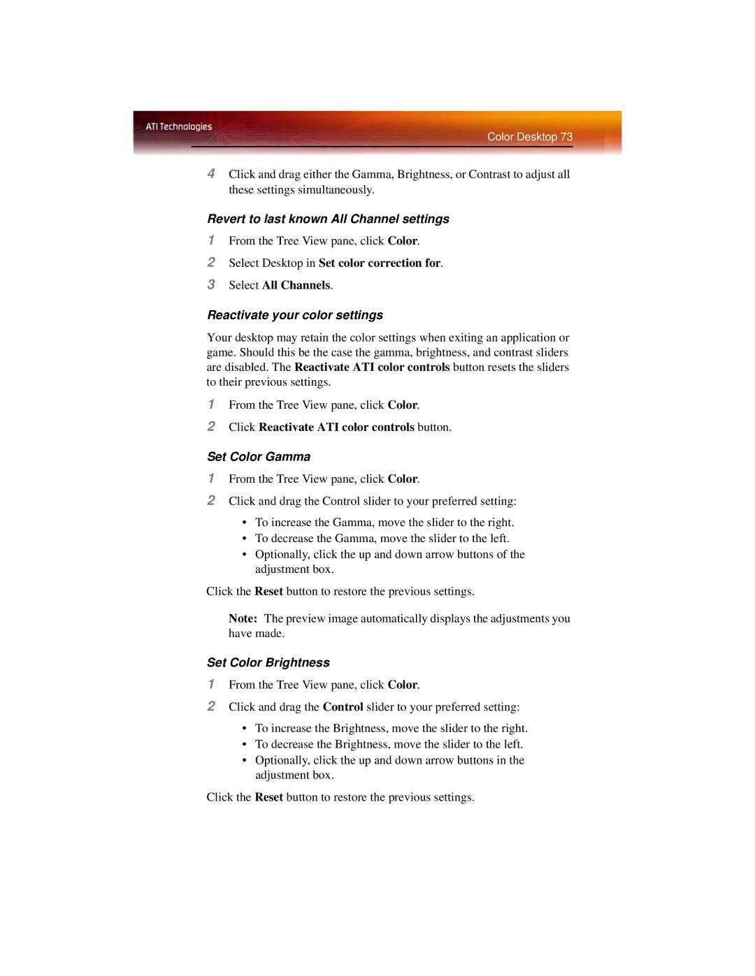 ATI Technologies X1600 manual Revert to last known All Channel settings, Reactivate your color settings, Set Color Gamma 