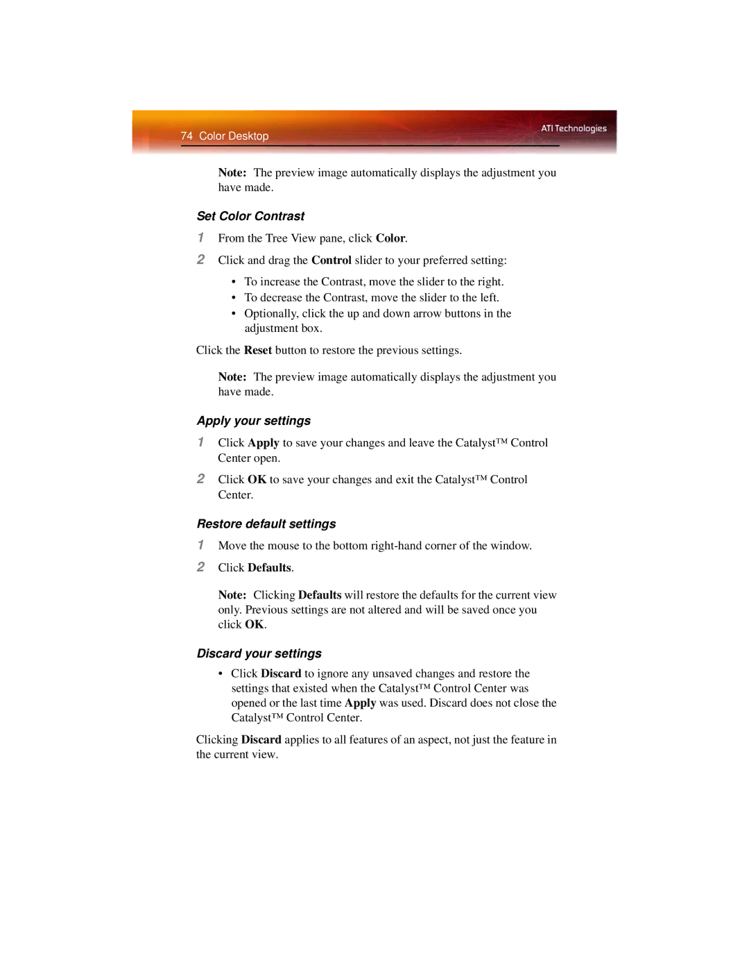 ATI Technologies X1600 manual Set Color Contrast, Apply your settings 