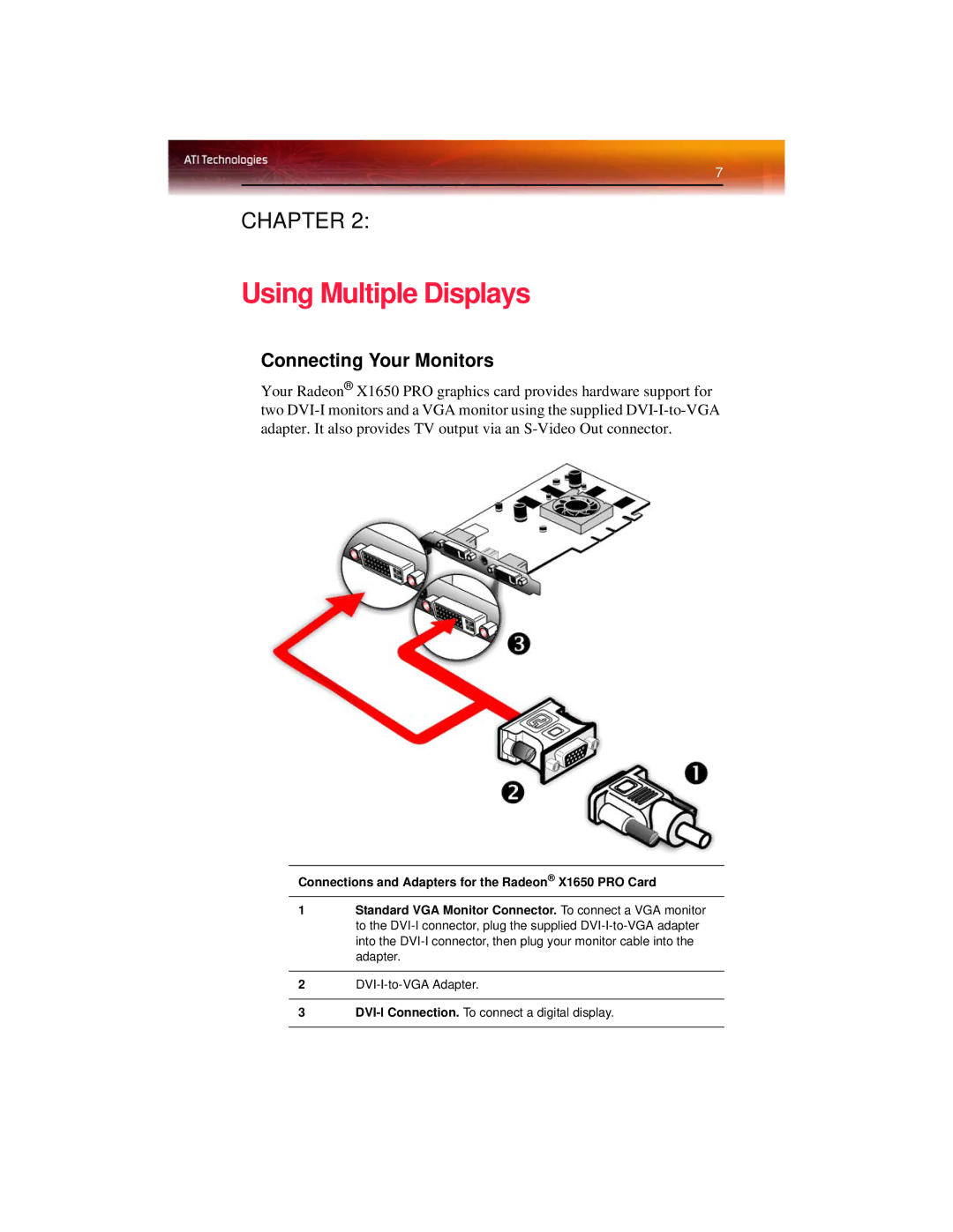 ATI Technologies X1650 manual Using Multiple Displays, Connecting Your Monitors 