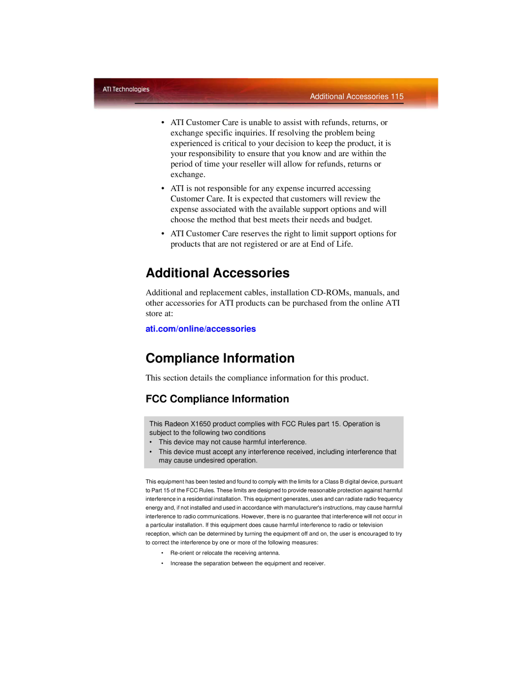 ATI Technologies X1650 manual Additional Accessories, FCC Compliance Information 