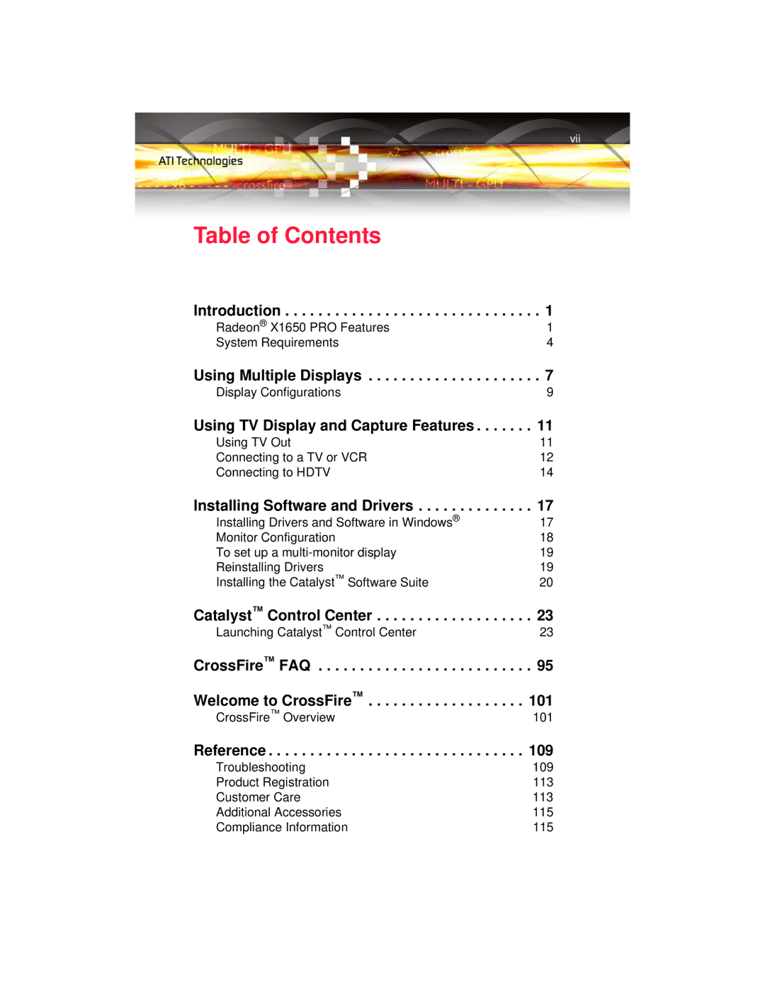 ATI Technologies X1650 manual Table of Contents 