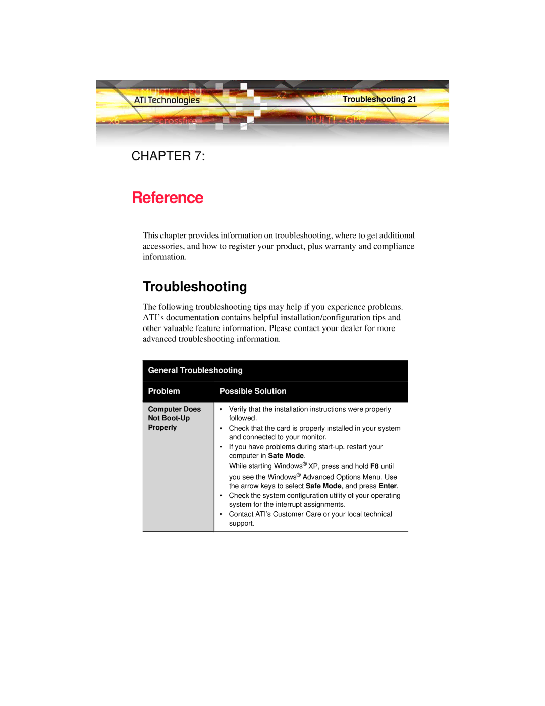 ATI Technologies X1950 PRO manual Reference, Computer Does, Not Boot-Up, Properly 