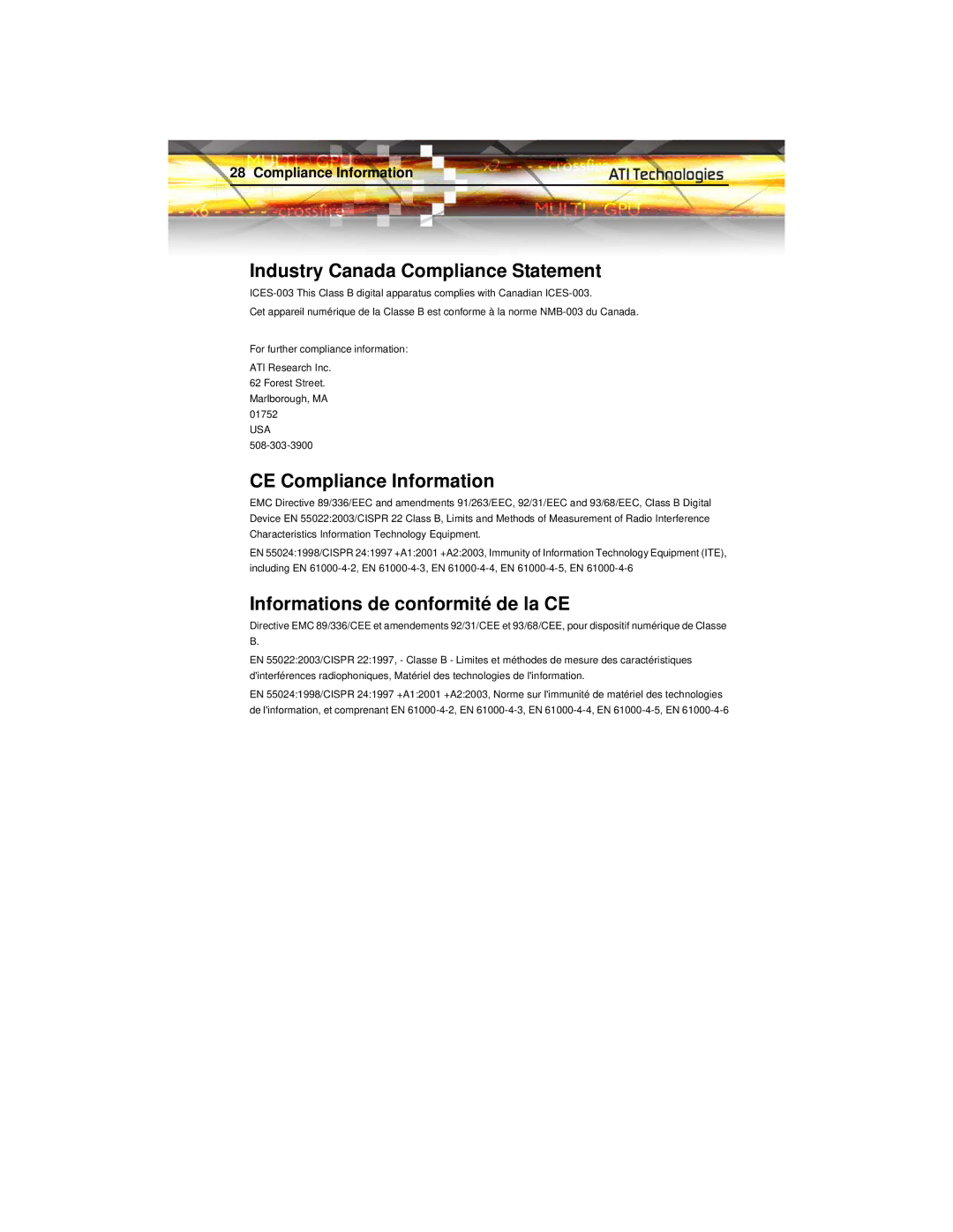 ATI Technologies X1950 PRO manual Industry Canada Compliance Statement, CE Compliance Information 