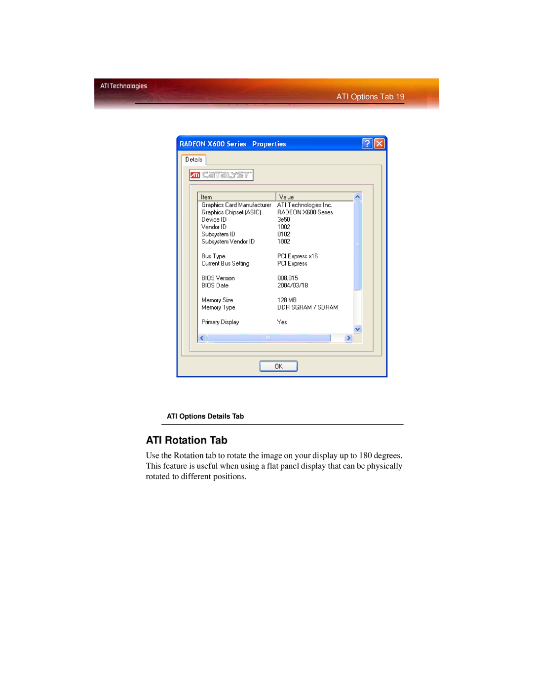 ATI Technologies X600 manual ATI Rotation Tab, ATI Options Details Tab 