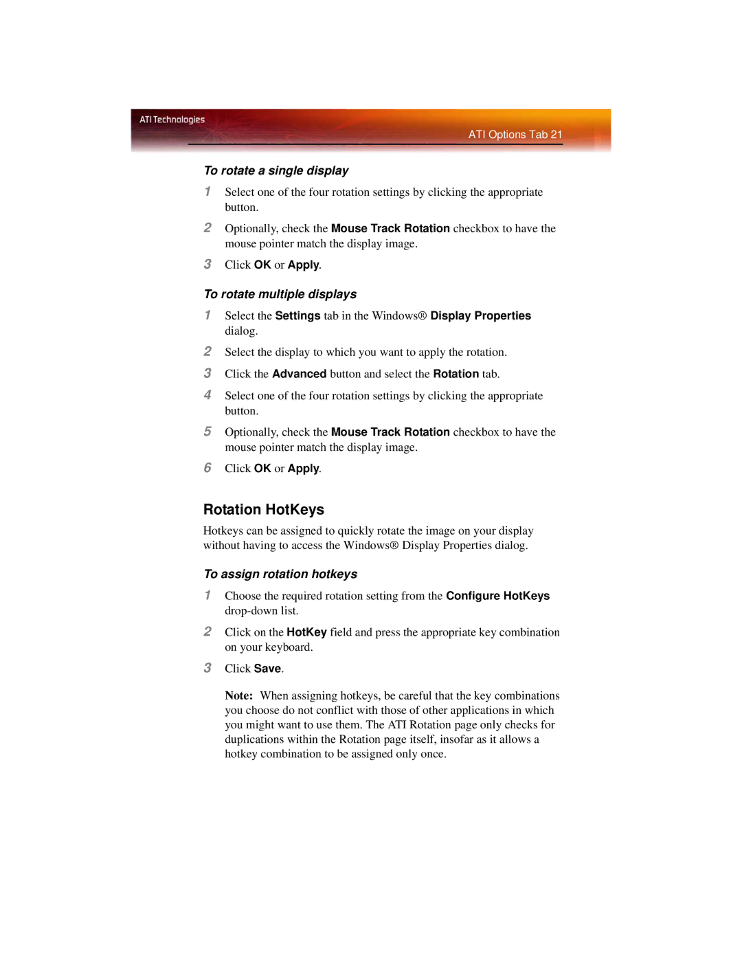 ATI Technologies X600 manual Rotation HotKeys, To rotate a single display, To rotate multiple displays 