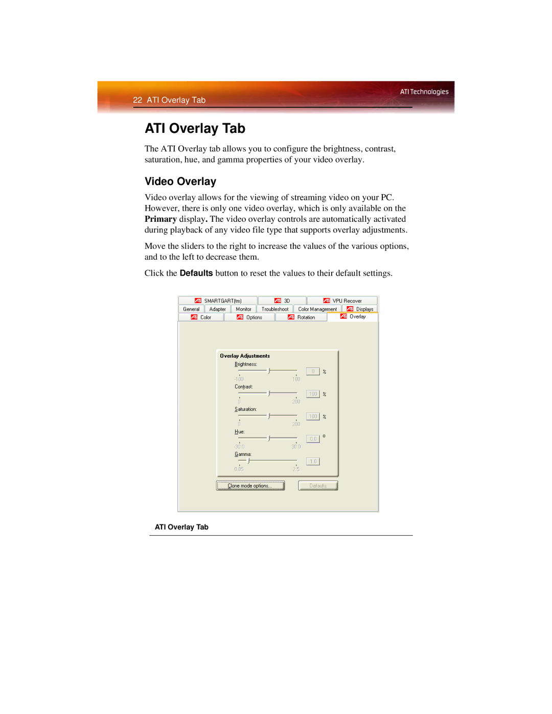 ATI Technologies X600 manual ATI Overlay Tab, Video Overlay 