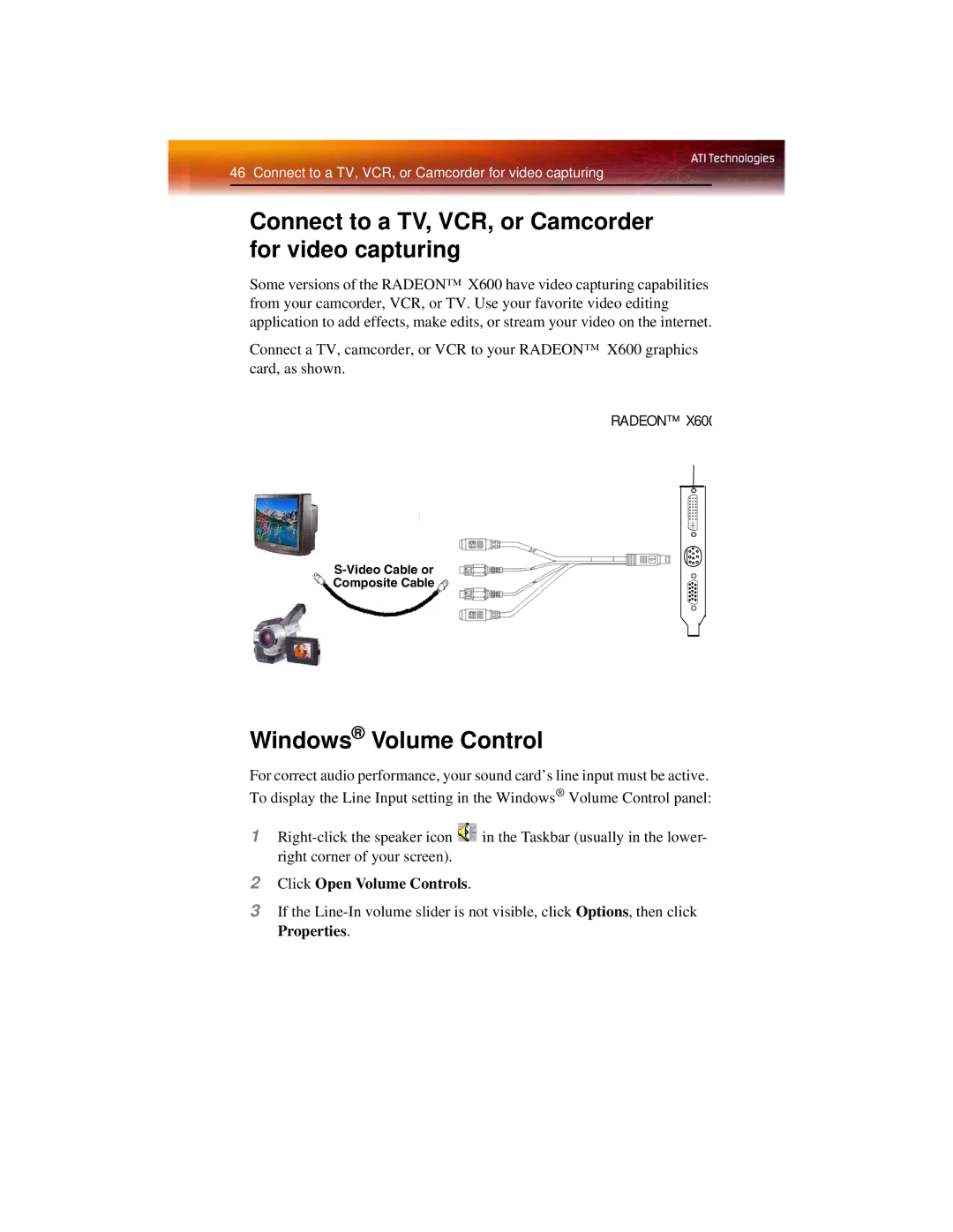 ATI Technologies X600 manual Connect to a TV, VCR, or Camcorder for video capturing, Windows Volume Control 