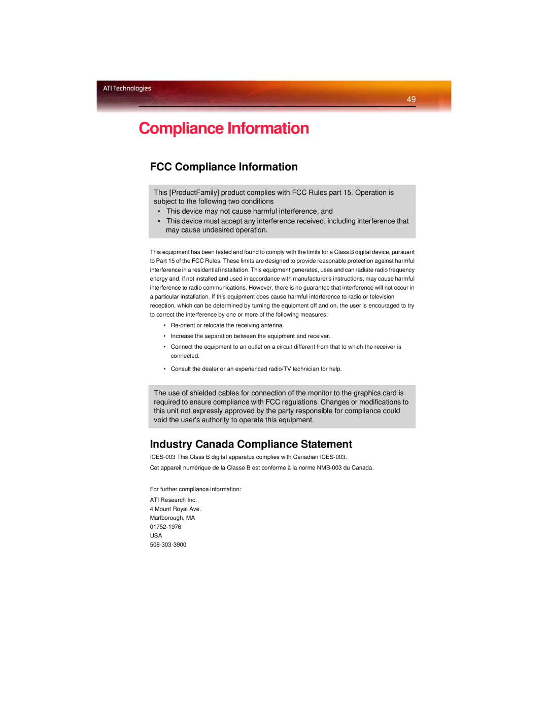 ATI Technologies X600 manual FCC Compliance Information, Industry Canada Compliance Statement 