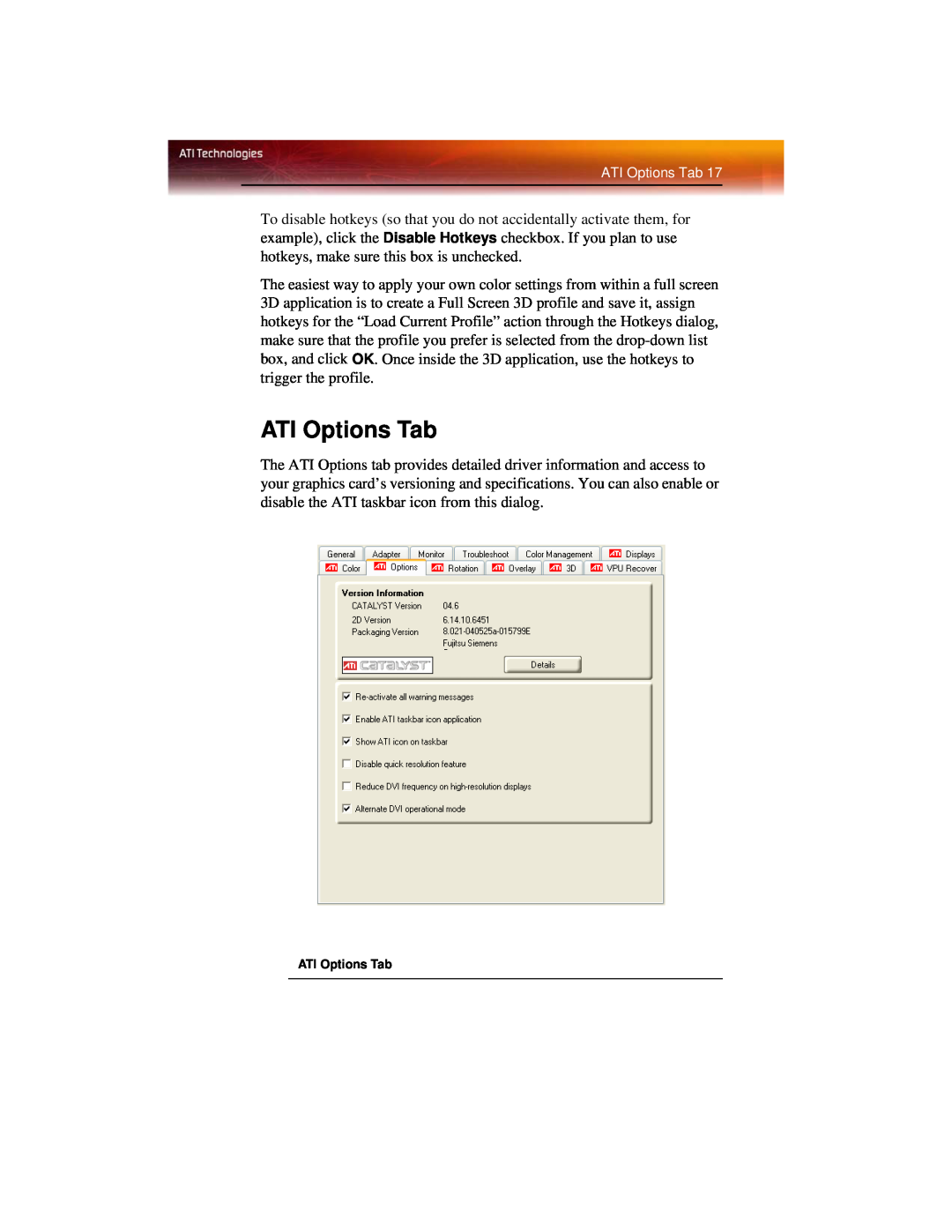 ATI Technologies X600 manual ATI Options Tab 
