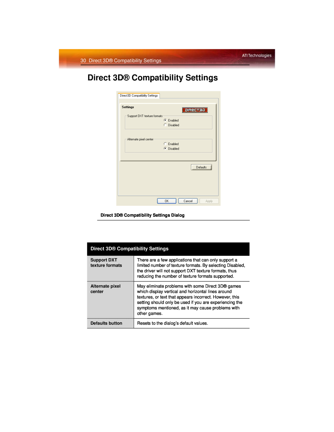 ATI Technologies X600 manual Direct 3D Compatibility Settings 