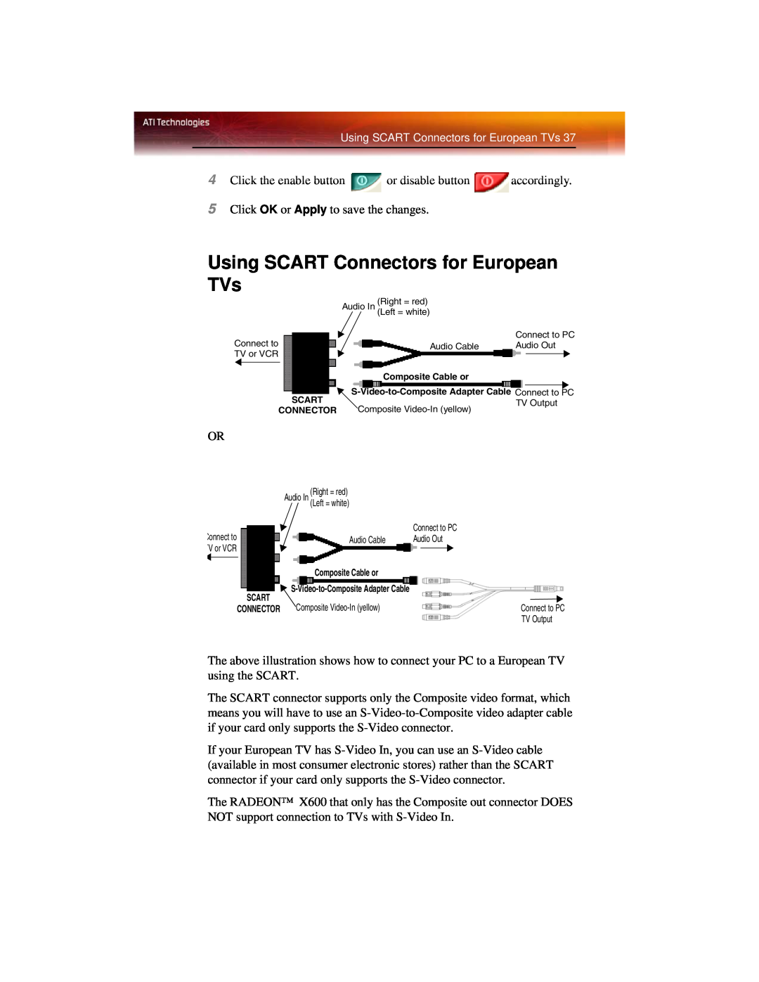 ATI Technologies X600 manual Using SCART Connectors for European TVs 