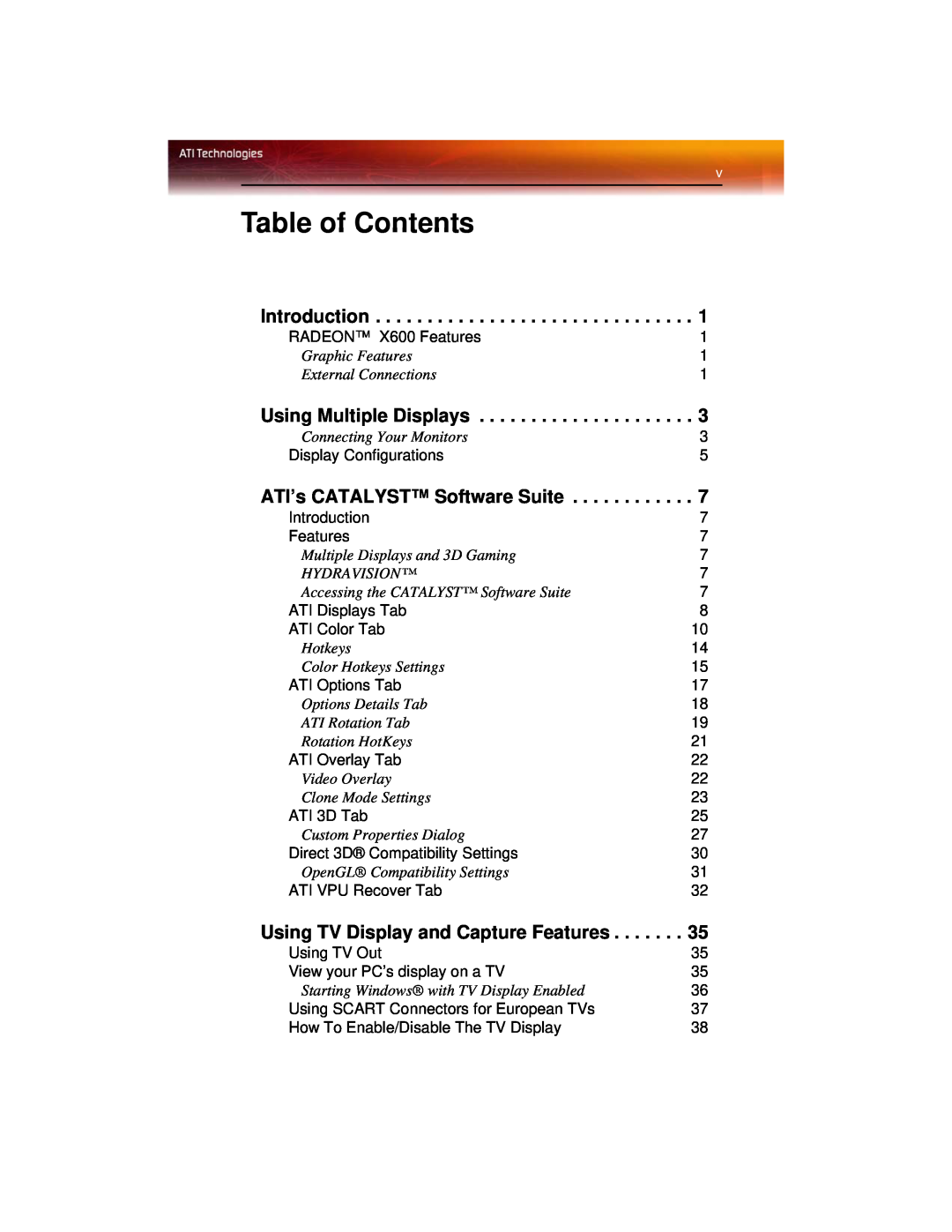 ATI Technologies X600 manual Introduction, Using Multiple Displays, ATI’s CATALYST Software Suite, Table of Contents 