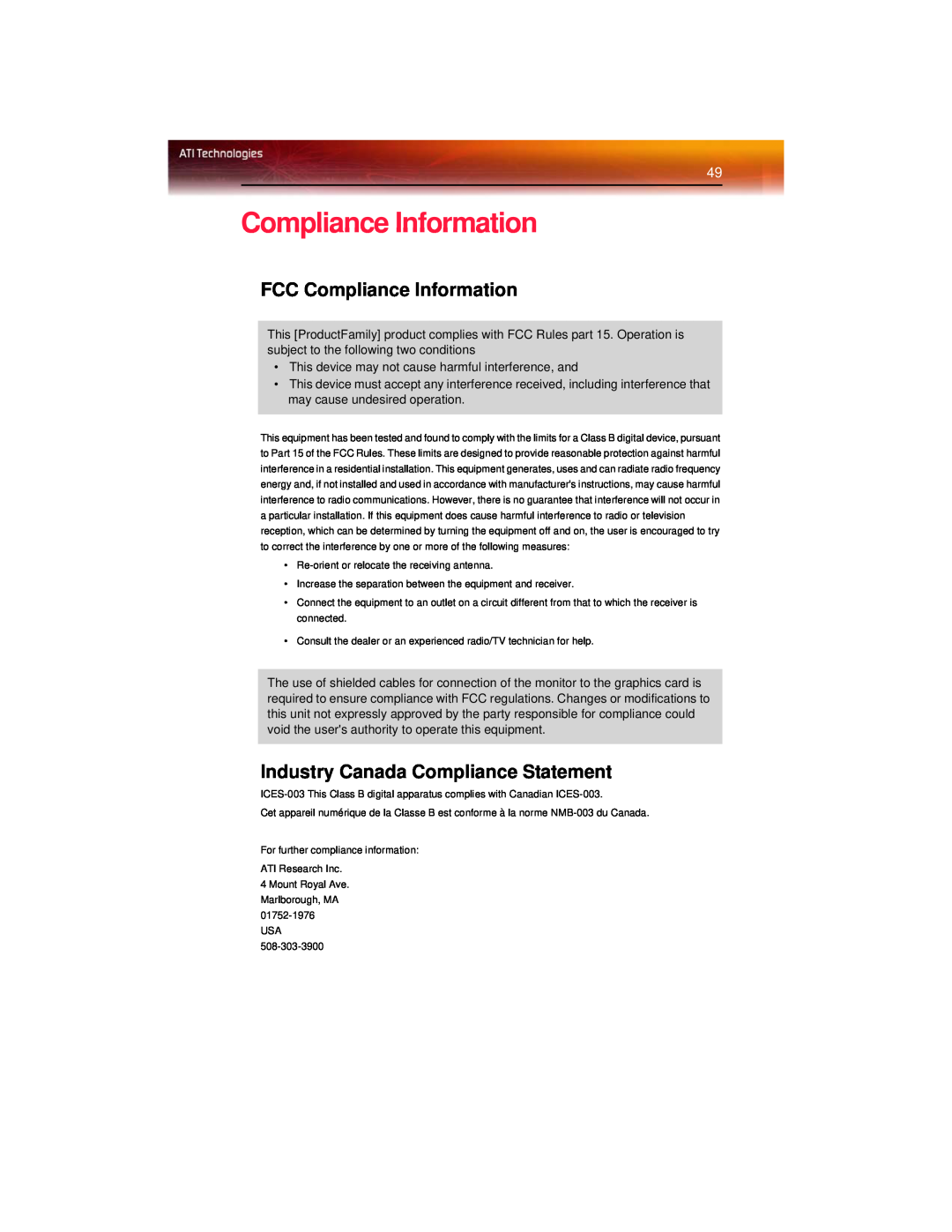 ATI Technologies X600 manual FCC Compliance Information, Industry Canada Compliance Statement 