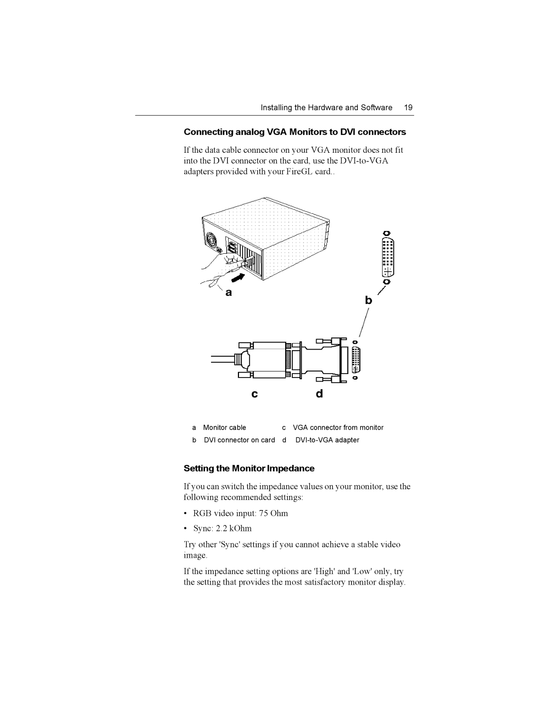 ATI Technologies X1-256P, Z1-128p Connecting analog VGA Monitors to DVI connectors, Setting the Monitor Impedance 