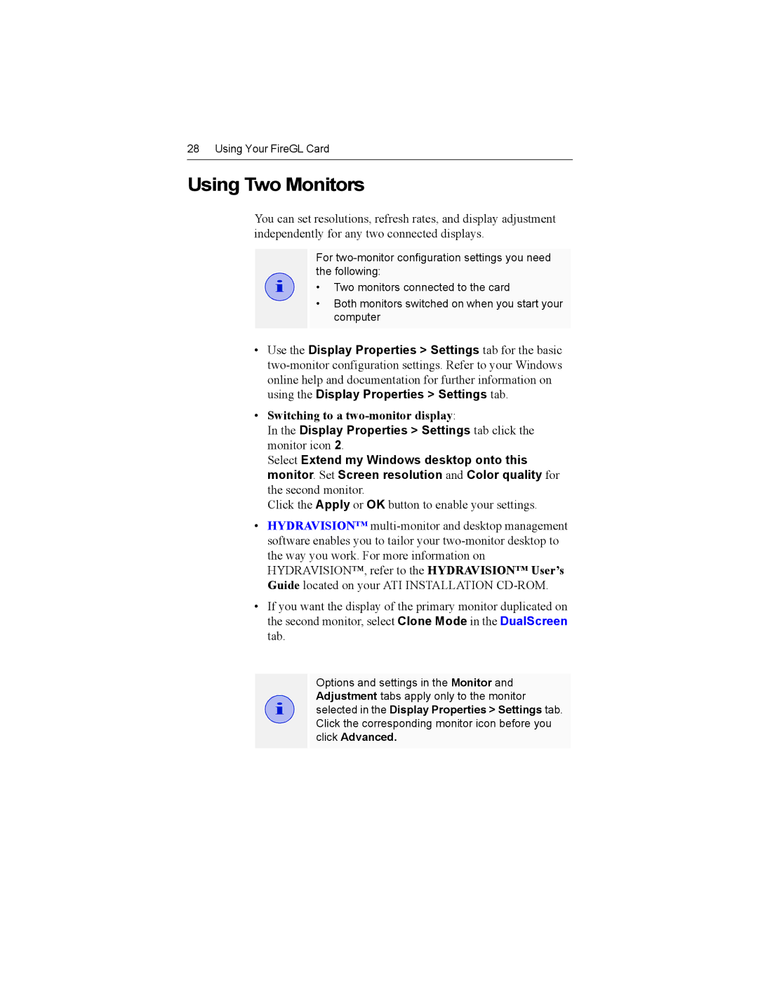 ATI Technologies Z1-128p, X1-256P specifications Using Two Monitors, Switching to a two-monitor display 