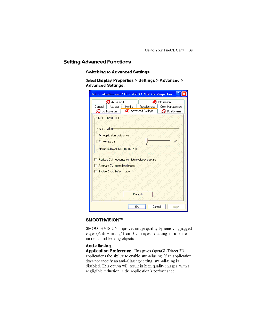 ATI Technologies X1-256P, Z1-128p specifications Setting Advanced Functions, Anti-aliasing 