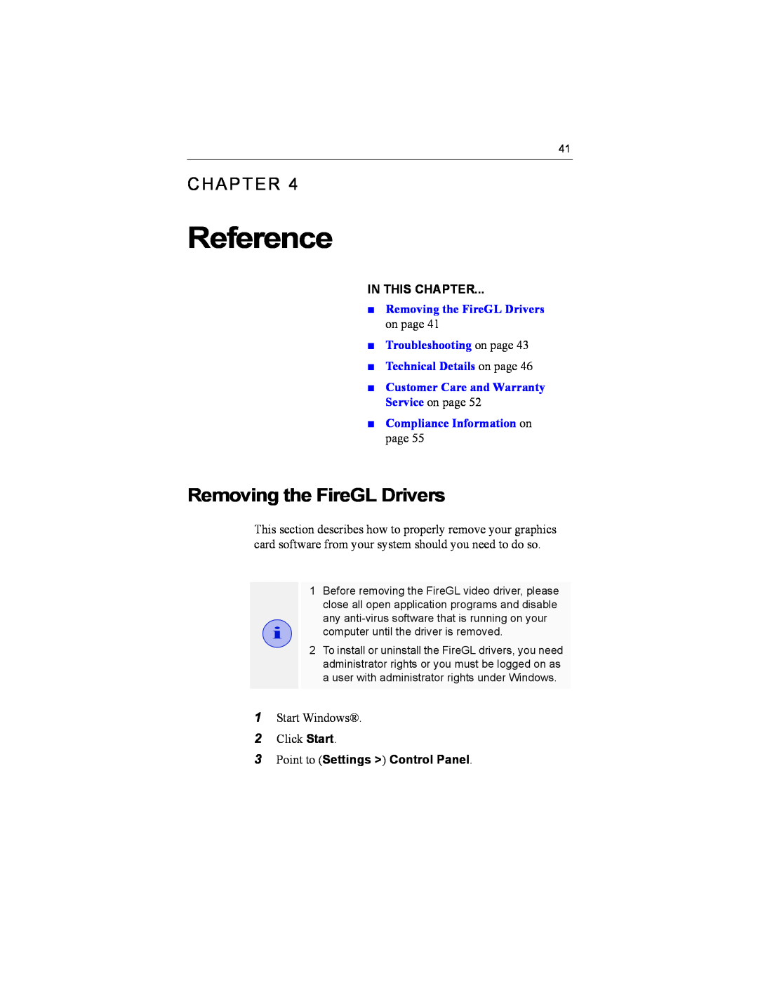 ATI Technologies X1-256P Reference, Removing the FireGL Drivers, Compliance Information on page, In This Chapter 