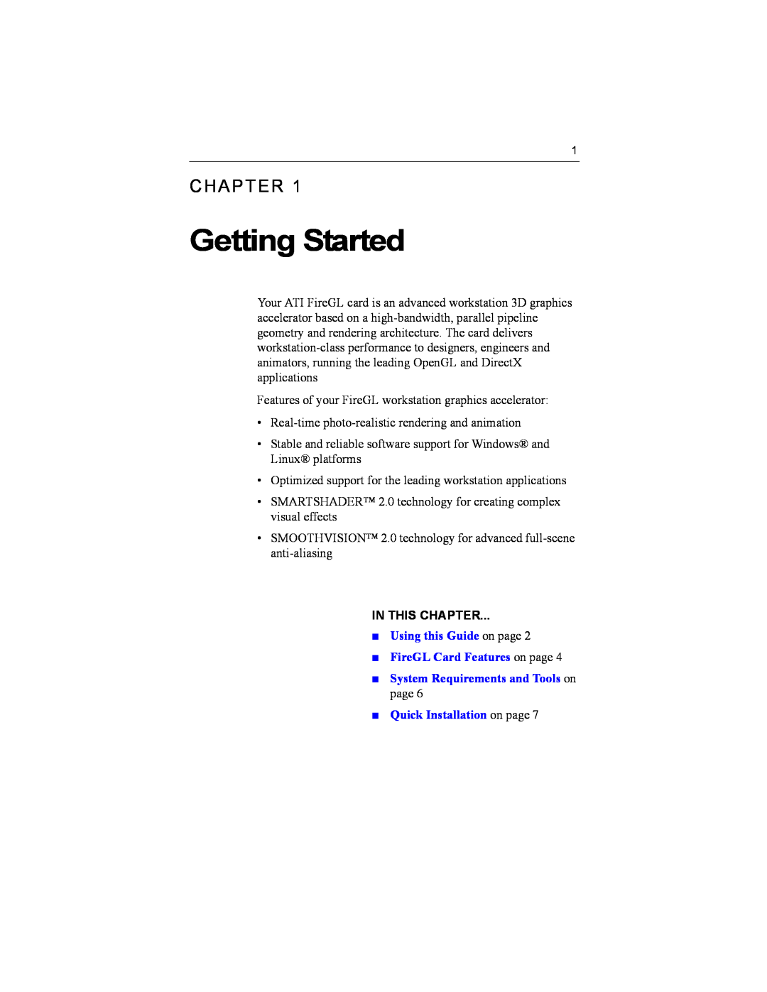 ATI Technologies X1-256P Getting Started, In This Chapter, Using this Guide on page FireGL Card Features on page 
