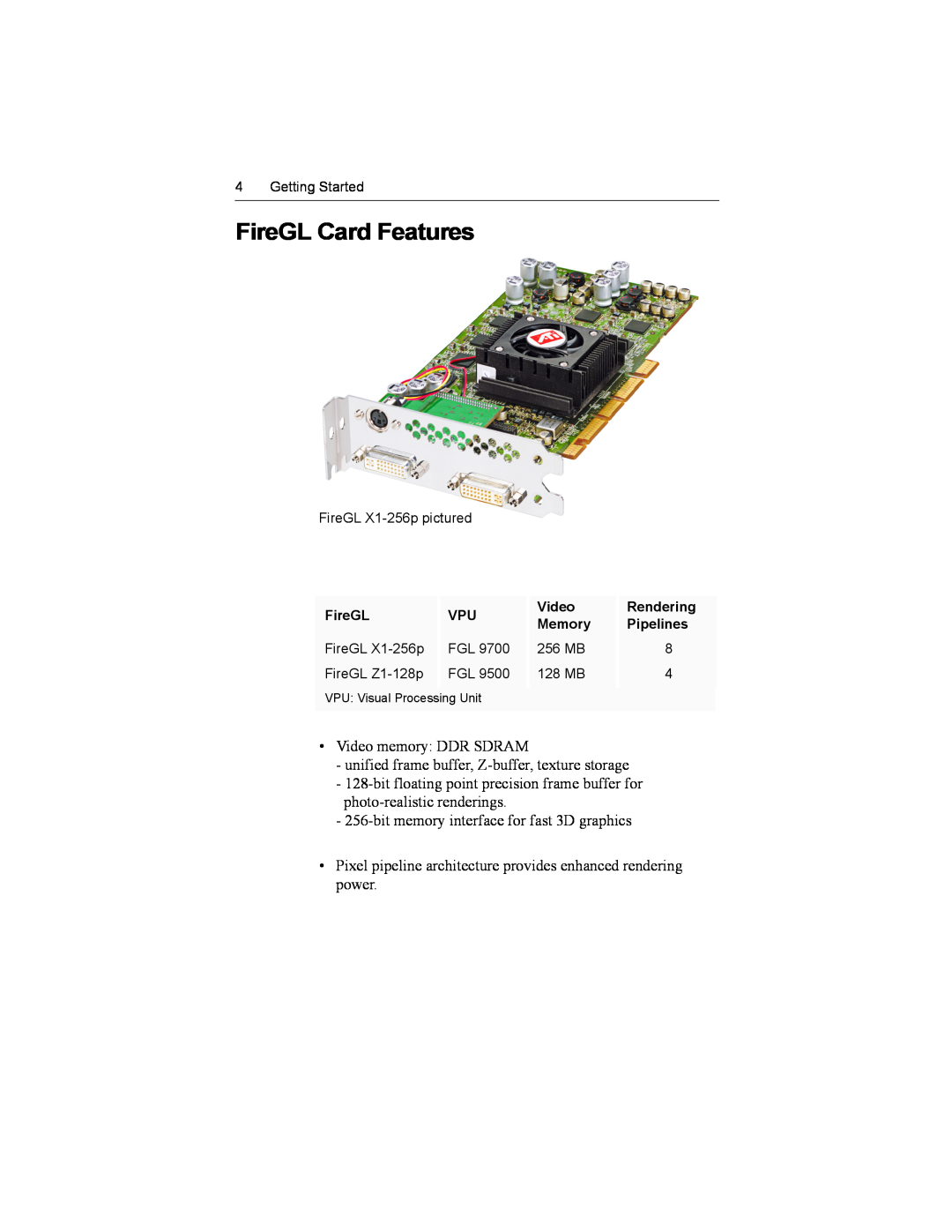ATI Technologies Z1-128p, X1-256P specifications FireGL Card Features 