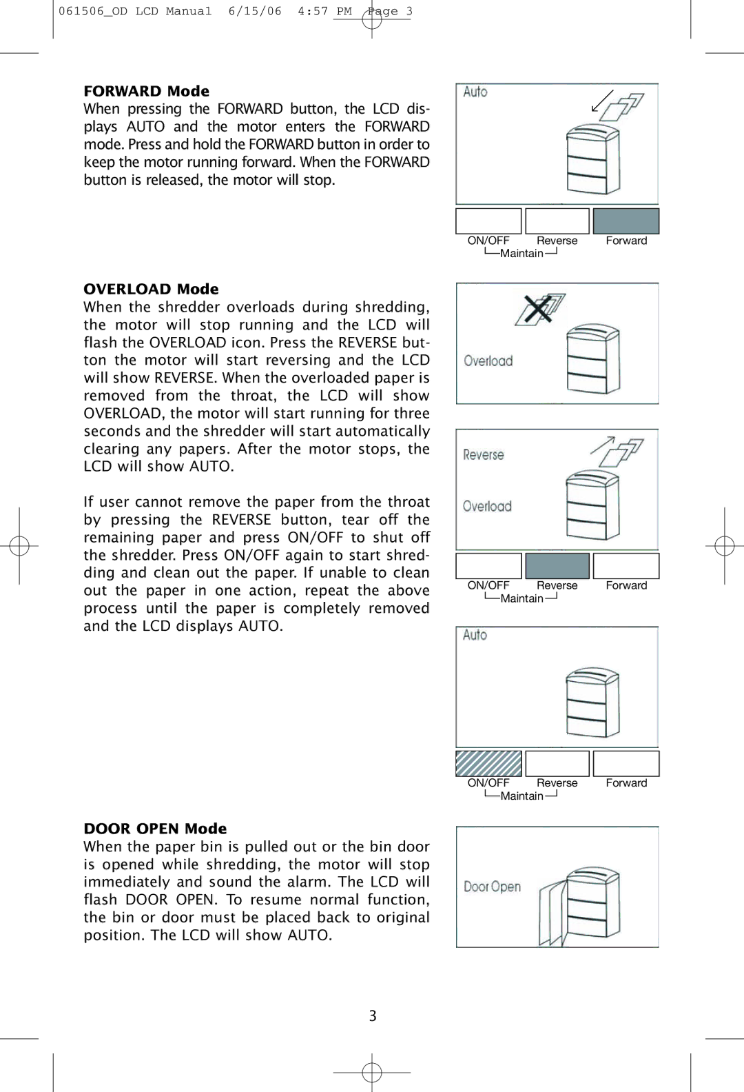 Ativa 061506_OD, 061506-5OD manual Forward Mode, Overload Mode, Door Open Mode 