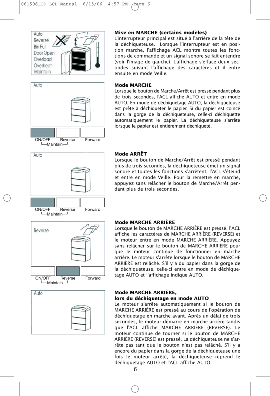 Ativa 061506-5OD, 061506_OD manual Mise en Marche certains modèles, Mode Arrêt, Mode Marche Arrière 