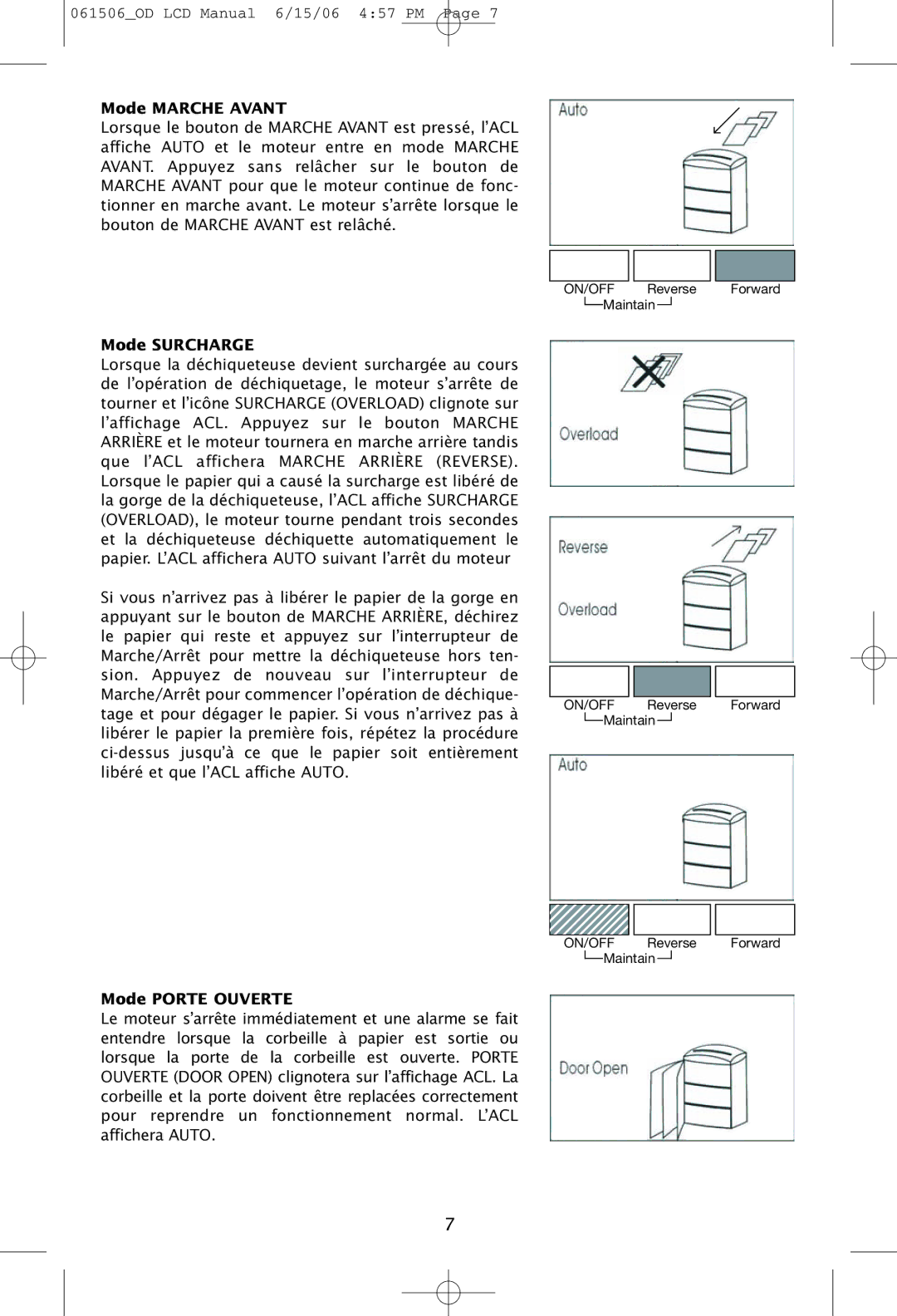 Ativa 061506_OD, 061506-5OD manual Mode Marche Avant, Mode Surcharge, Mode Porte Ouverte 