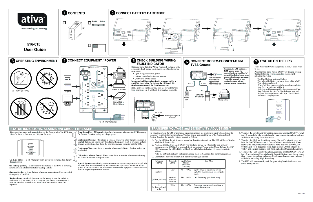 Ativa 516-015 manual Contents, Check Building Wiring Fault Indicator, Switch on the UPS 