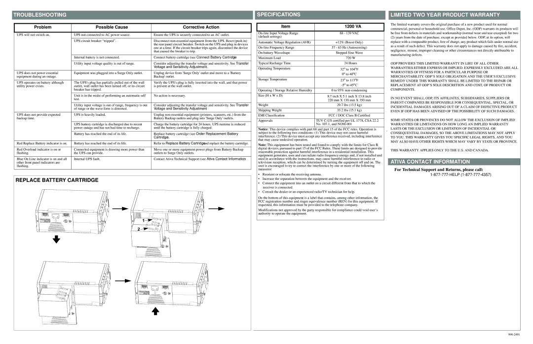 Ativa 516-015 manual Replace Battery Cartridge, Problem Possible Cause Corrective Action, 1200 VA 