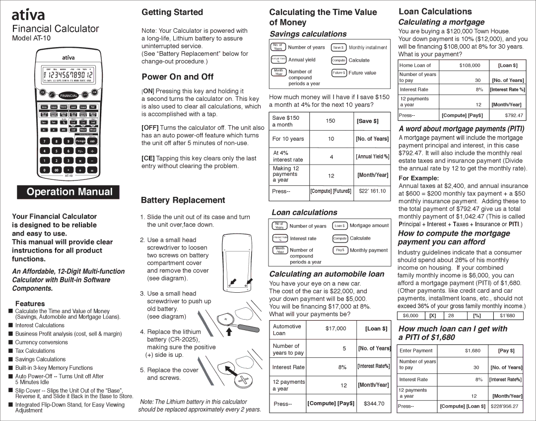 Ativa AT-10 operation manual Getting Started, Power On and Off, Battery Replacement Calculating the Time Value of Money 