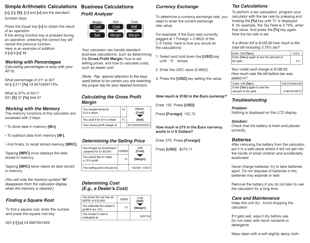 Ativa AT-10 operation manual Simple Arithmetic Calculations, Business Calculations 