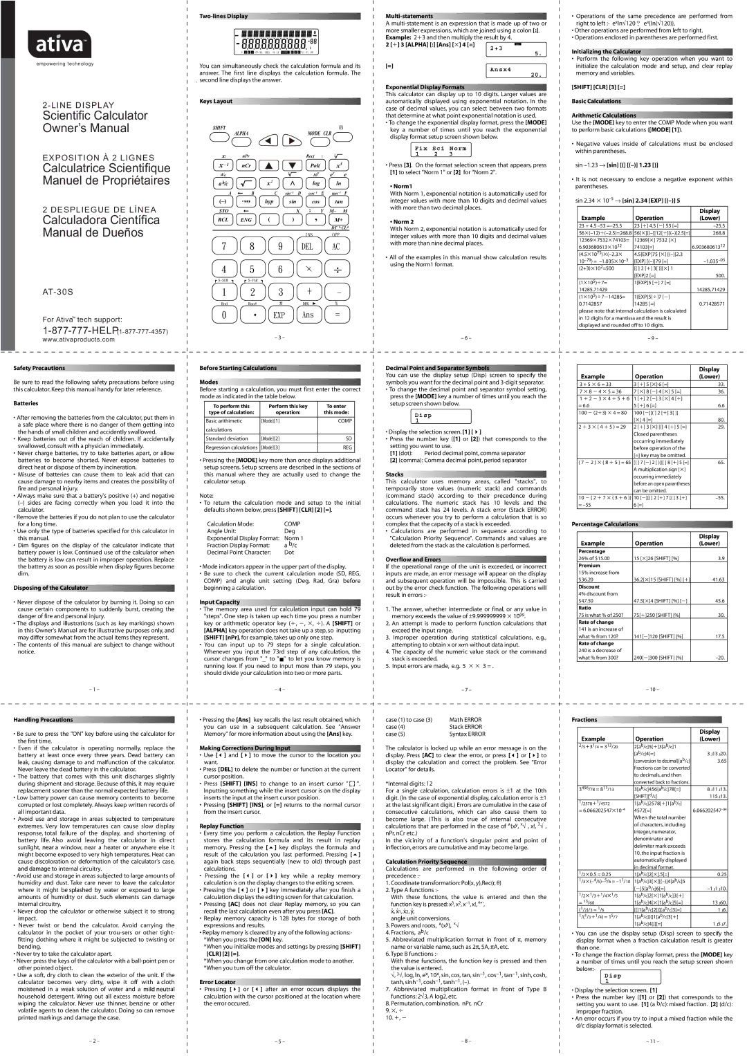 Ativa AT-30S manual 4WOLINESI$ISPLAY Ultistatements, Nitializing the #ALCULATOR, 3AFETYY0RECAUTIONS, Atteries, +Eyss,Ayout 