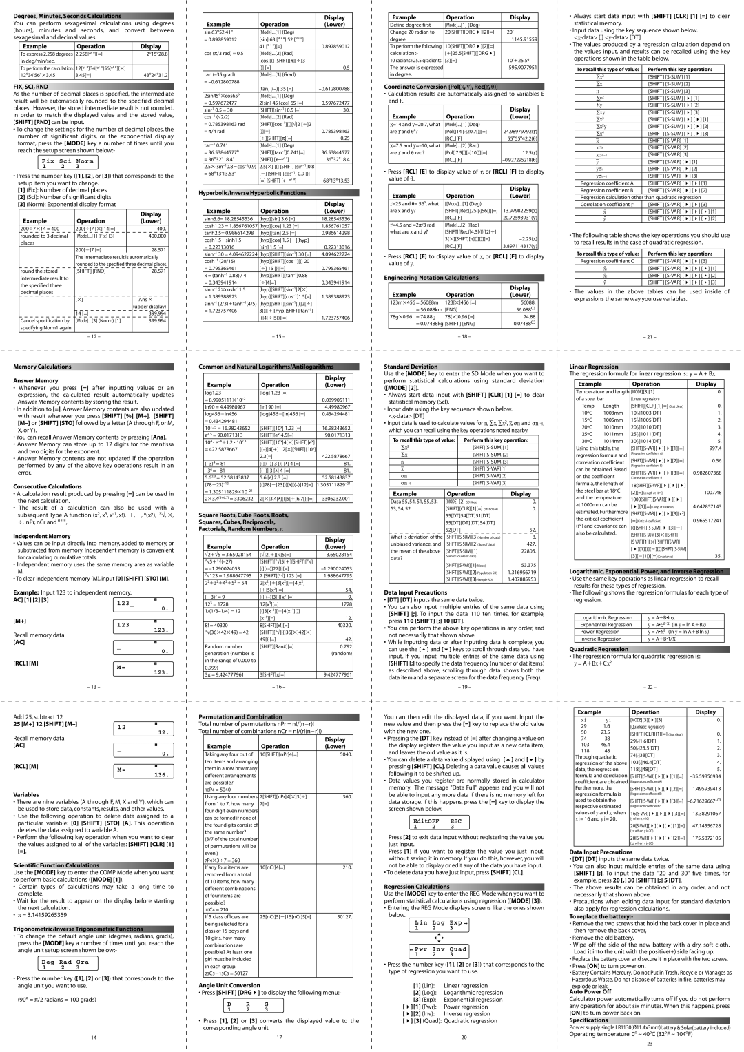 Ativa AT-30S $EGREES -INUTES 3ECONDS #ALCULATIONS, Xample Peration $ISPLAY, Xample Peration ,OWER, Ndependentt-Emory 