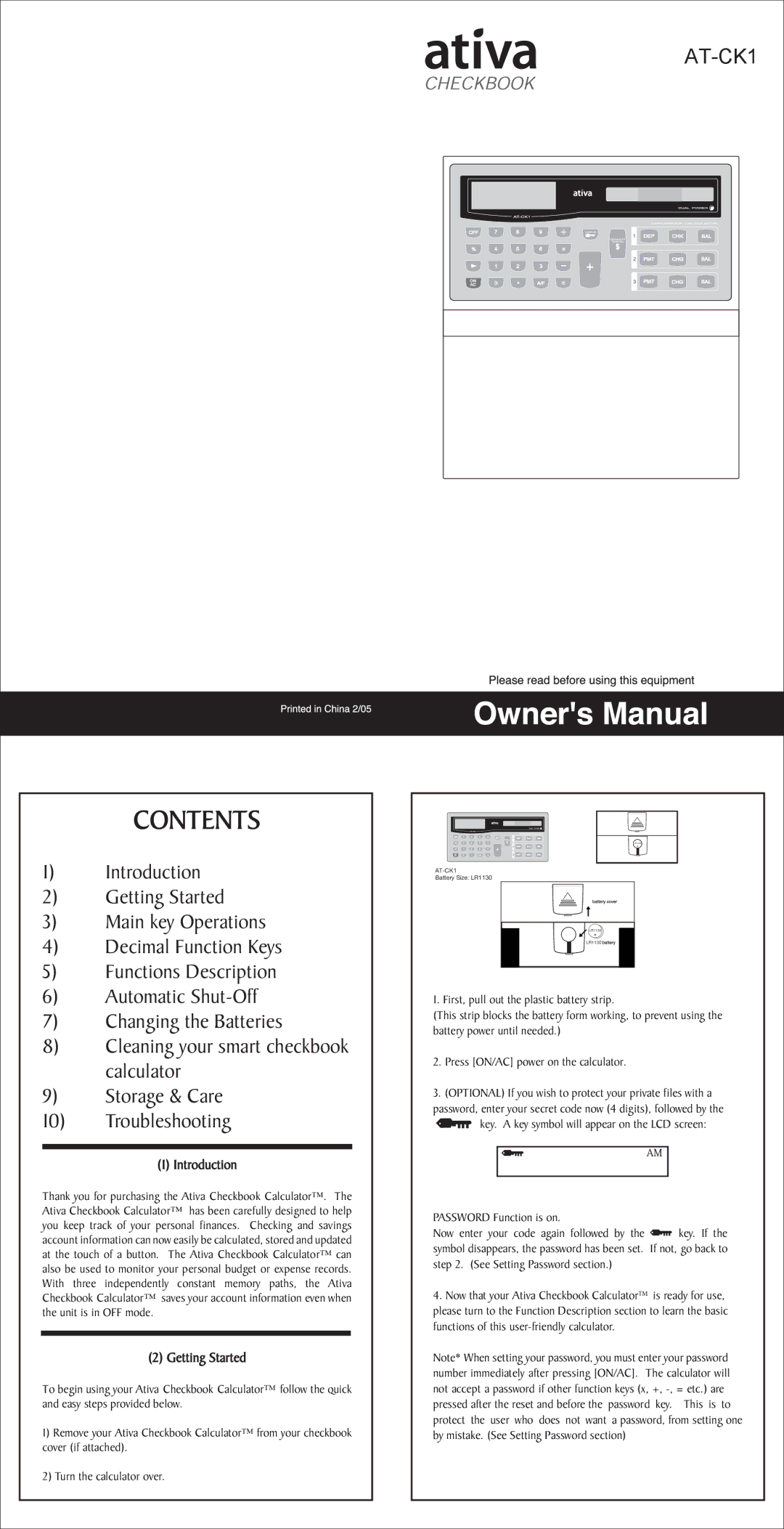 Ativa AT-CK1 manual Contents 