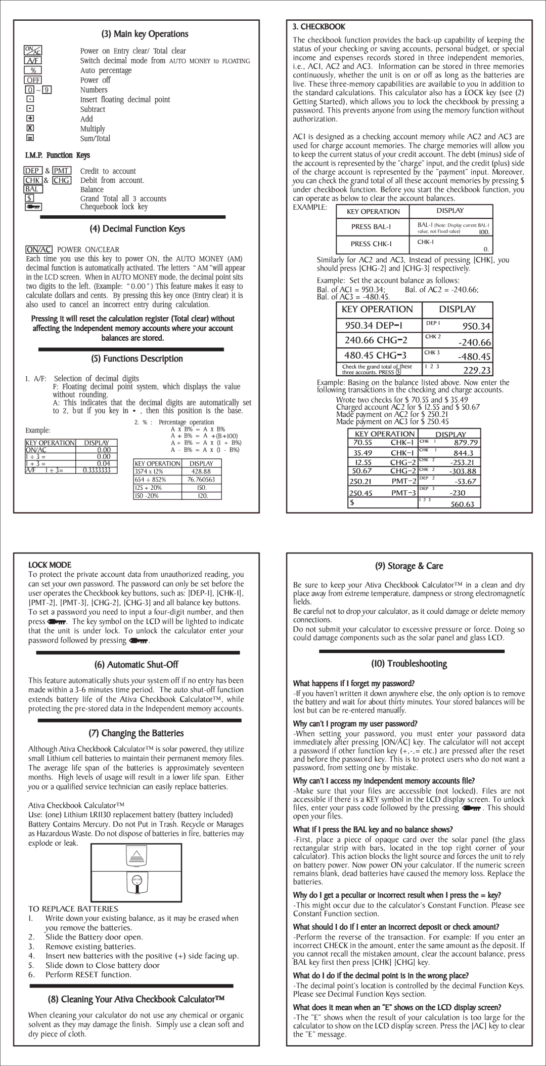 Ativa AT-CK1 Main key Operations, Decimal Function Keys, Functions Description, Automatic Shut-Off, Changing the Batteries 