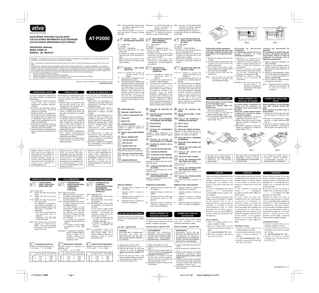 Ativa AT-P2000 operation manual Operational Notes Précautions Notas AL Manejarla, Remplacement DU Rouleau DE Papier 