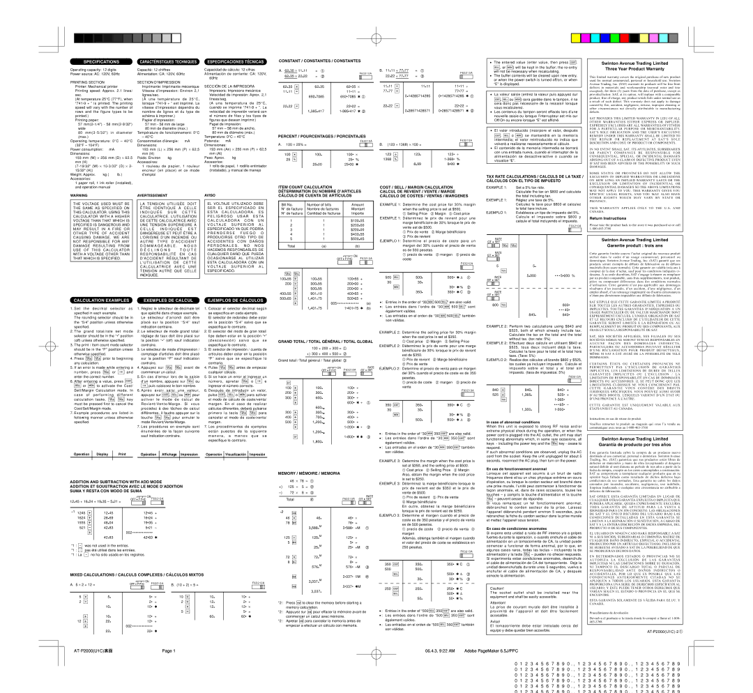 Ativa AT-P2000 operation manual Specifications, Calculation Examples, Ejemplos DE Cálculos 