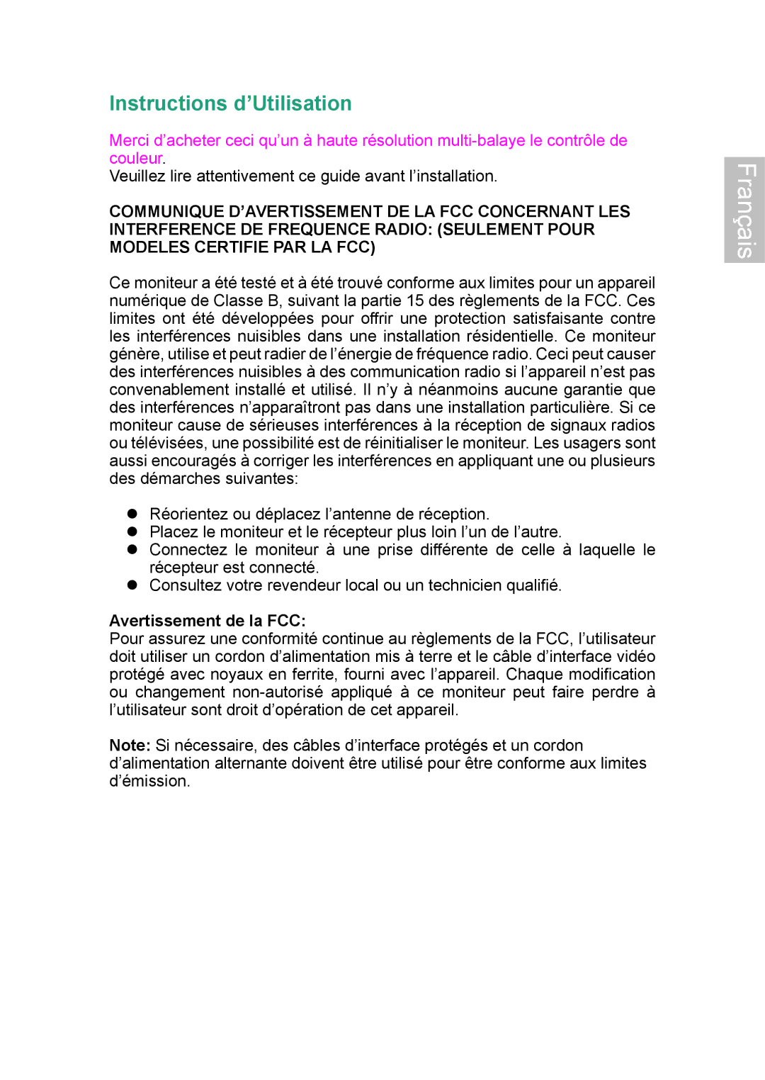 Ativa AT22OH user manual Instructions d’Utilisation, Avertissement de la FCC 