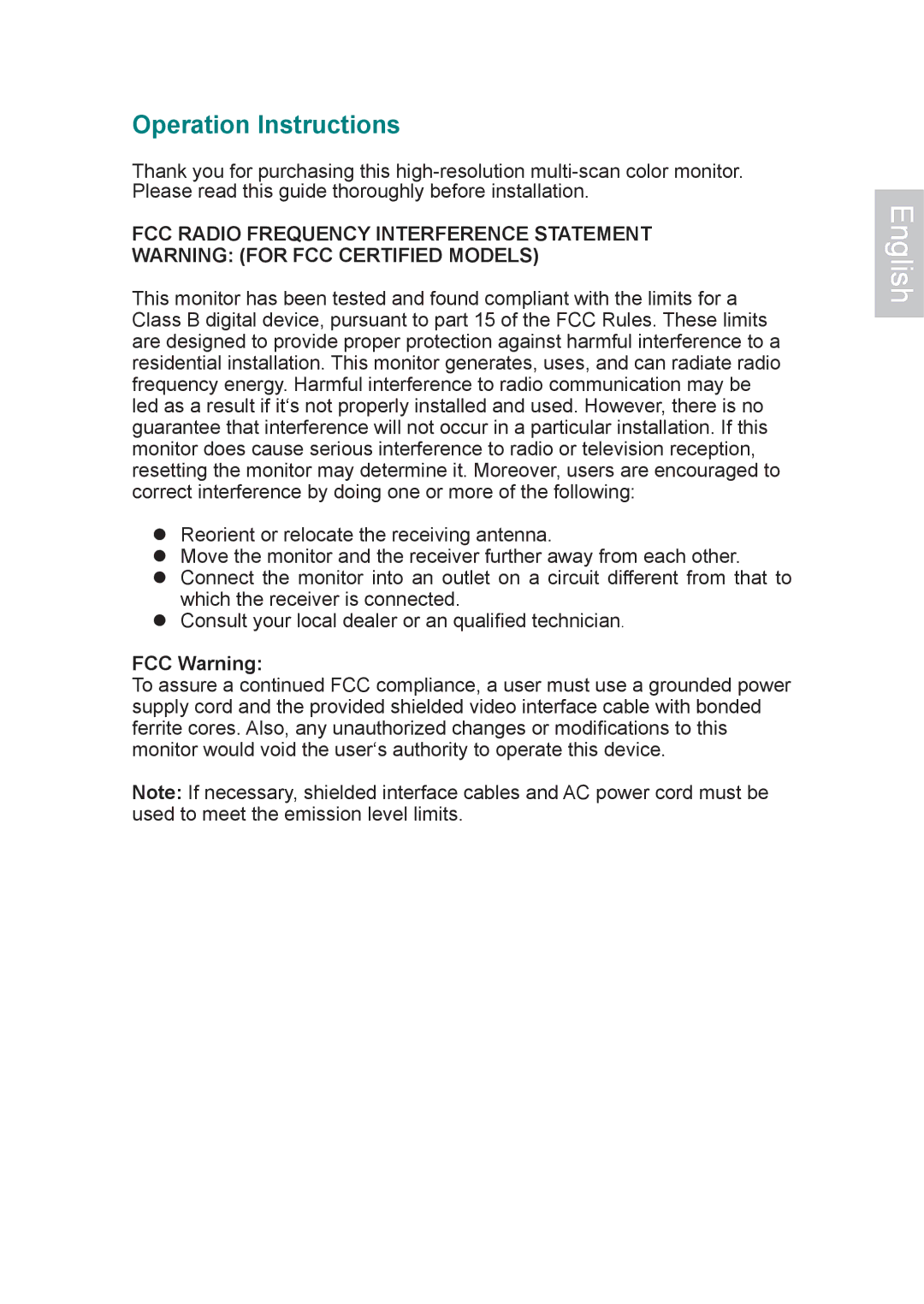 Ativa AT22OH user manual Operation Instructions, FCC Warning 