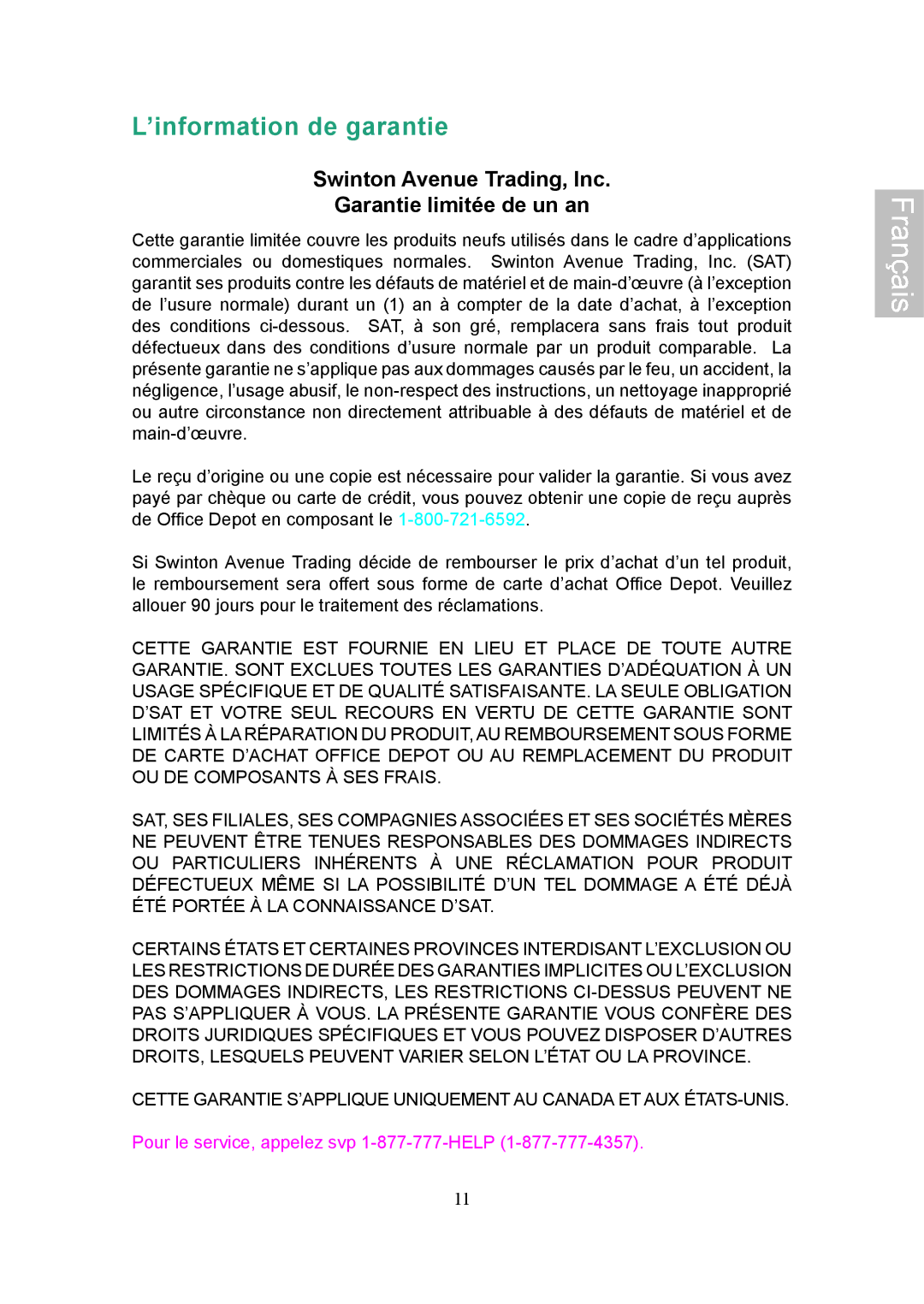 Ativa AT22OH user manual ’information de garantie, Swinton Avenue Trading, Inc Garantie limitée de un an 