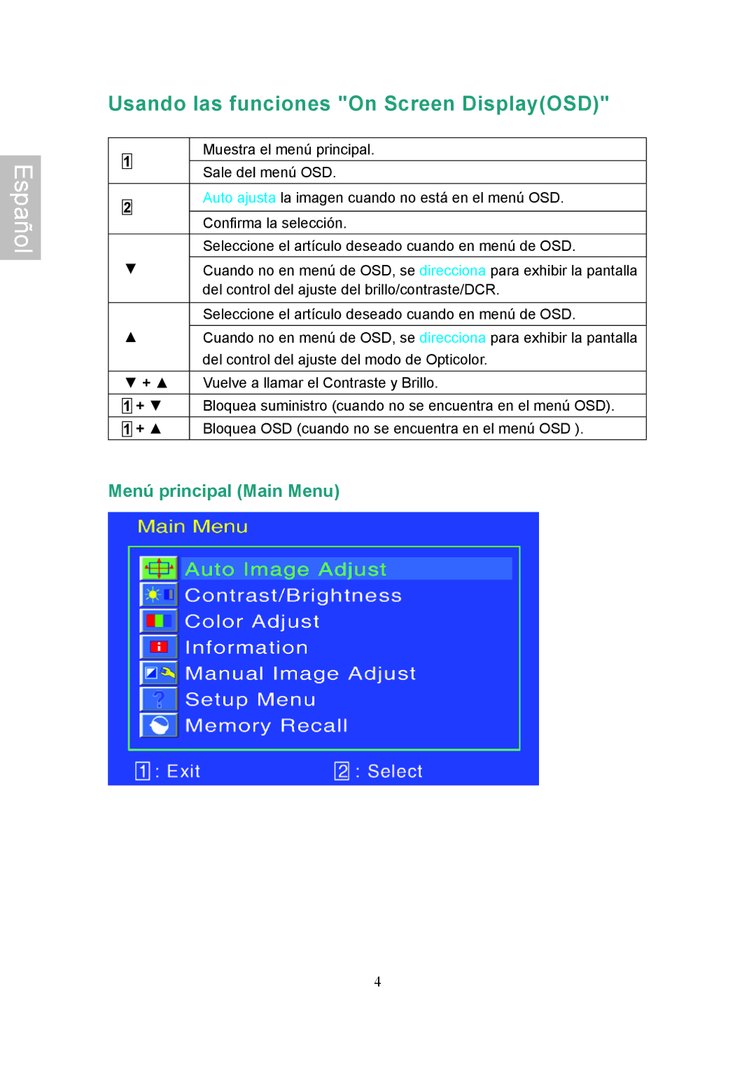 Ativa AT22OH user manual Usando las funciones On Screen DisplayOSD, Español 