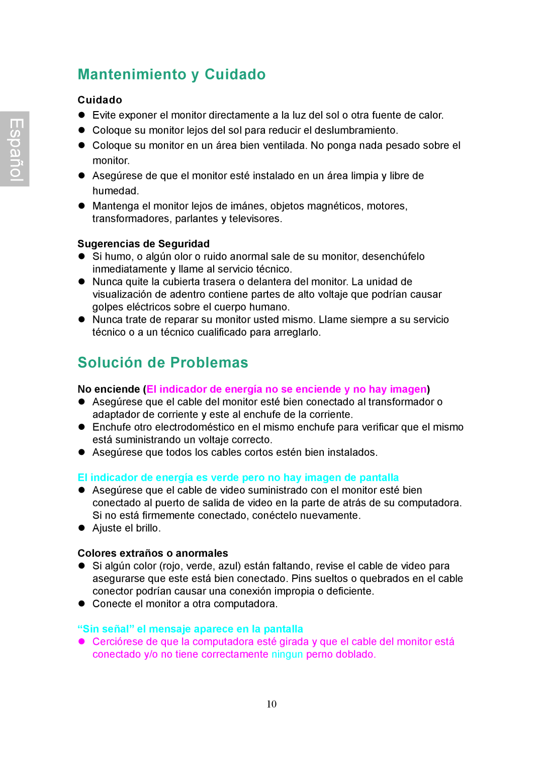 Ativa AT22OH Mantenimiento y Cuidado, Solución de Problemas, Sugerencias de Seguridad, Colores extraños o anormales 