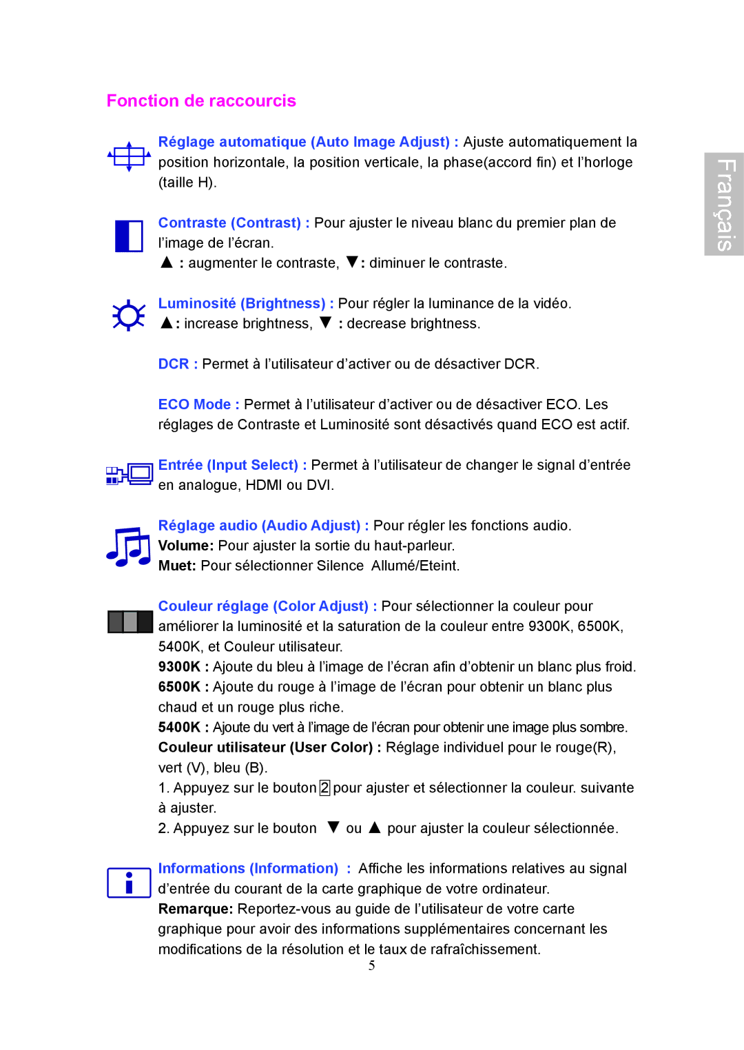 Ativa AT24OHP user manual Fonction de raccourcis 