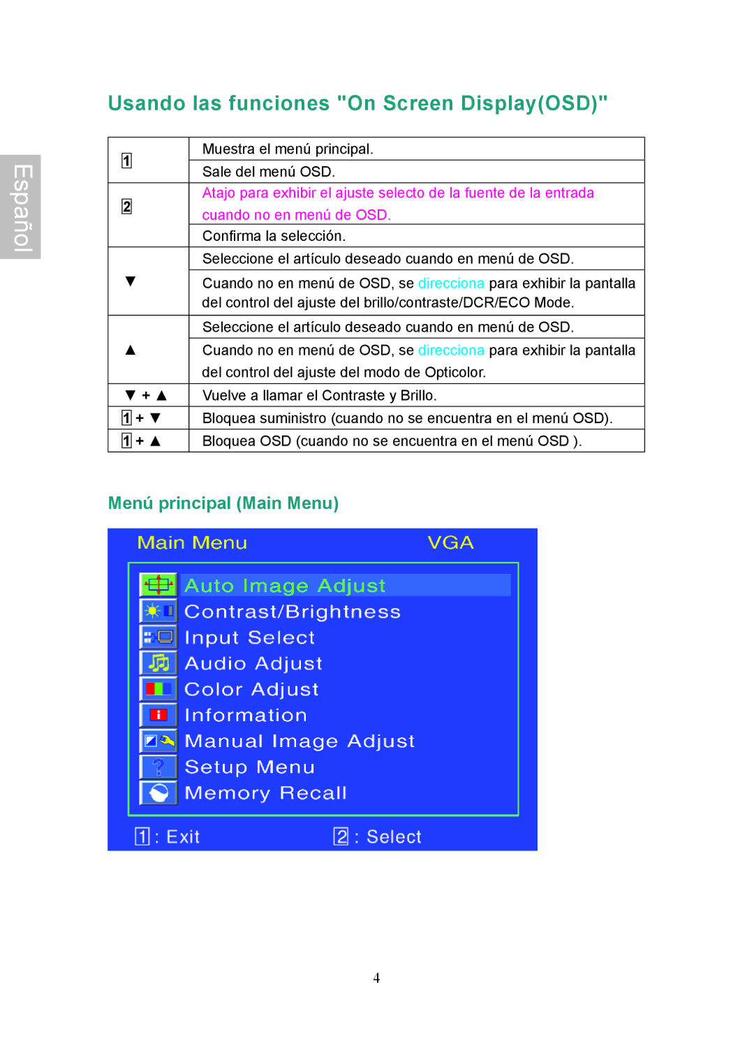 Ativa AT24OHP user manual Usando las funciones On Screen DisplayOSD, Cuando no en menú de OSD 